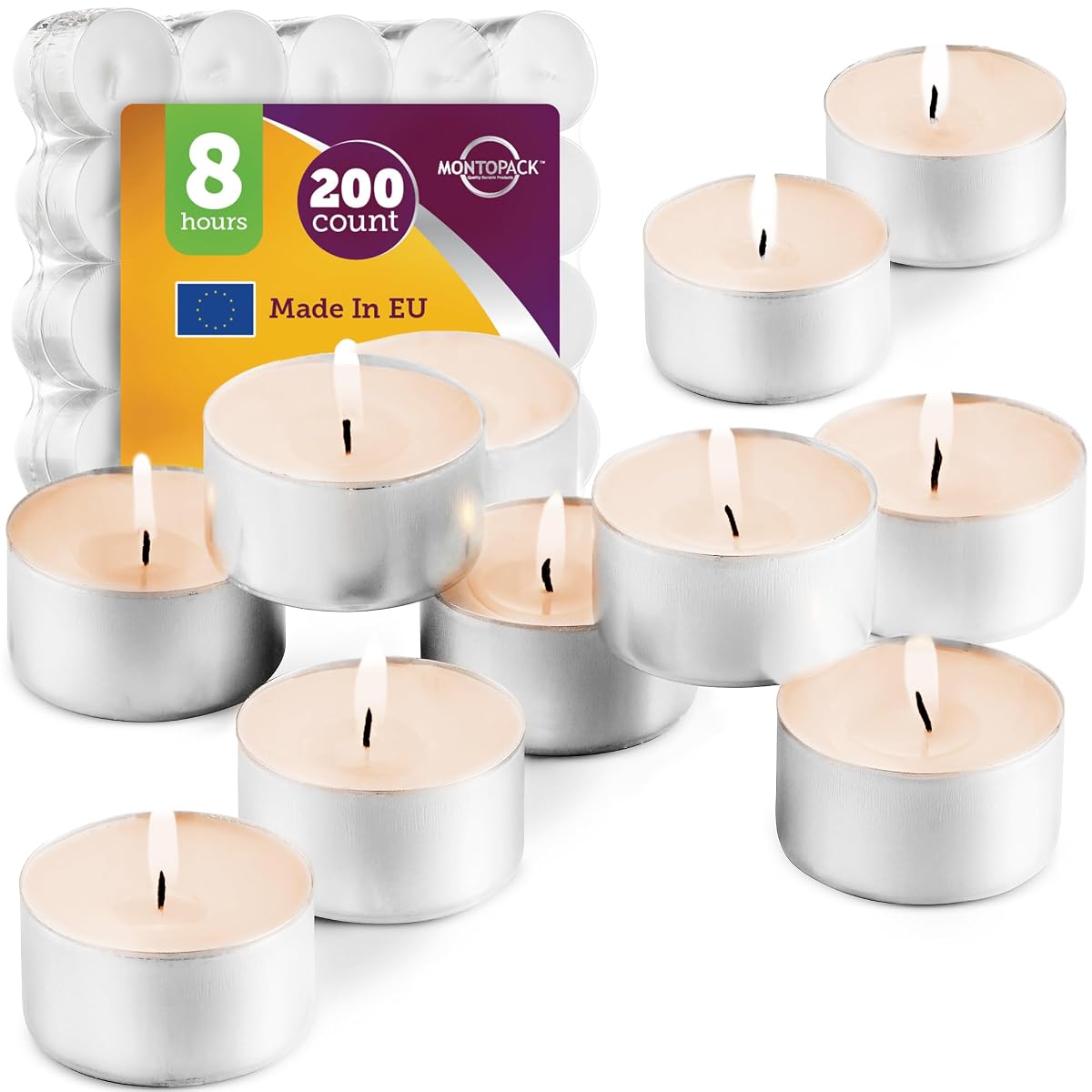 Montopack Unscented White Tealight Candles Bulk [200] | 8 Hours Of Smokeless,