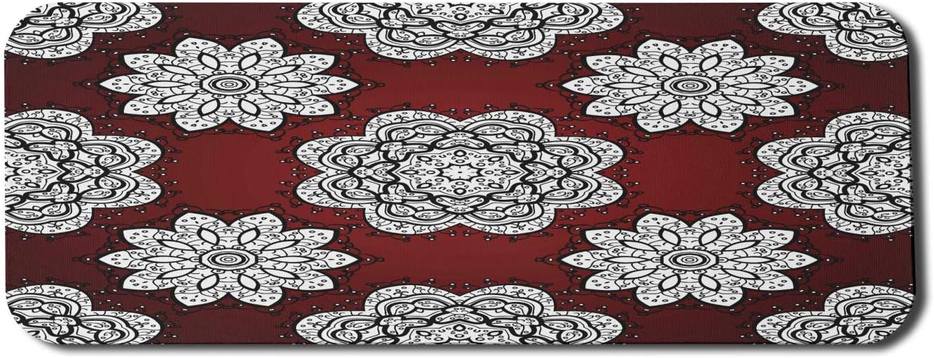 Lunarable Maroon Computer Mouse Pad, White Doodle Style Round Mandala Flowers Lacy Victorian Contours Romantic, Rectangle Non-Slip Rubber Mousepad Large, 31 x 12 Gaming Size, Maroon Black White
