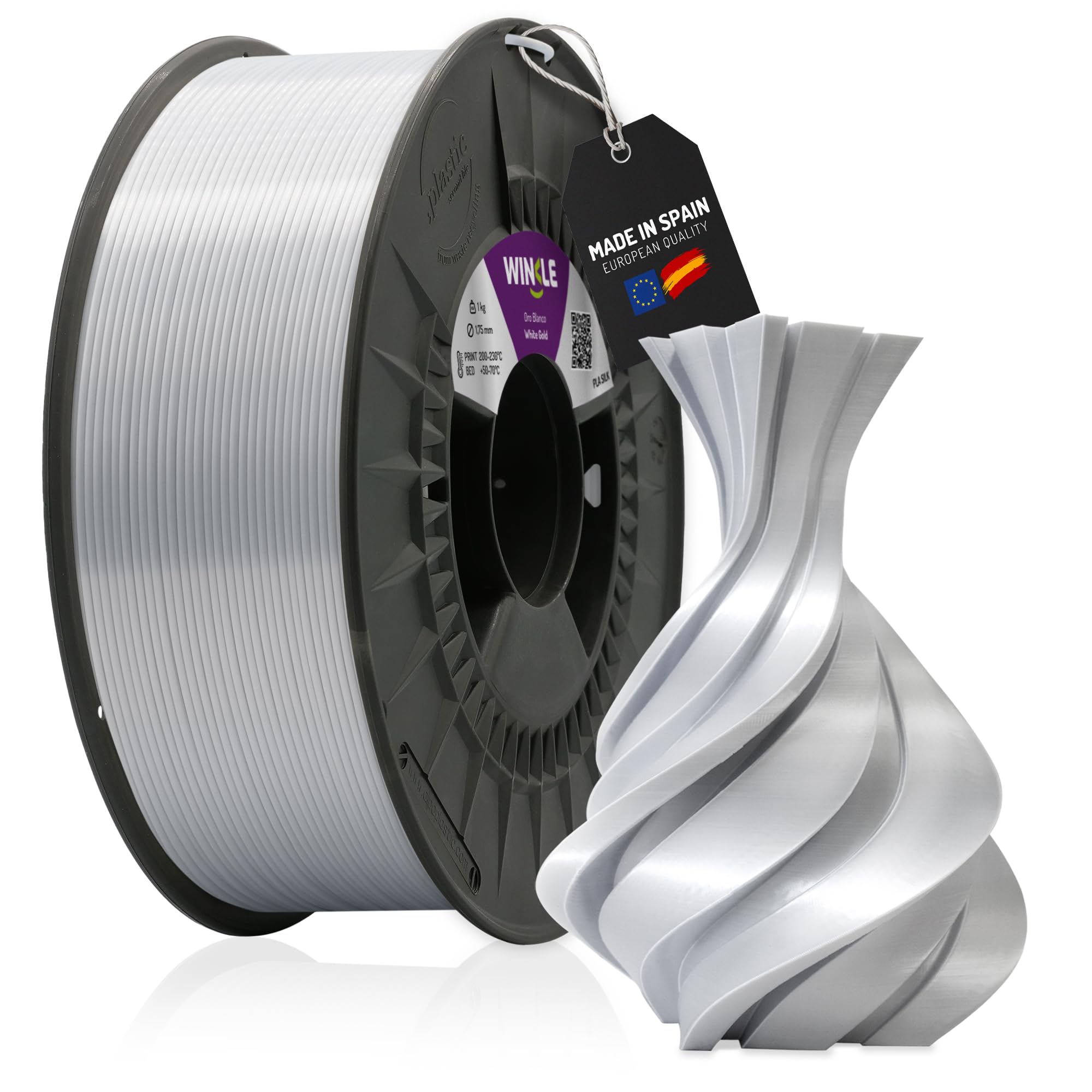 WINKLE PLA Silk Filament White Gold 1.75mm 300g, 3D Printer | Smooth and Silky Finish, Dimensional Accuracy +/- 0.03 mm, Made in Spain