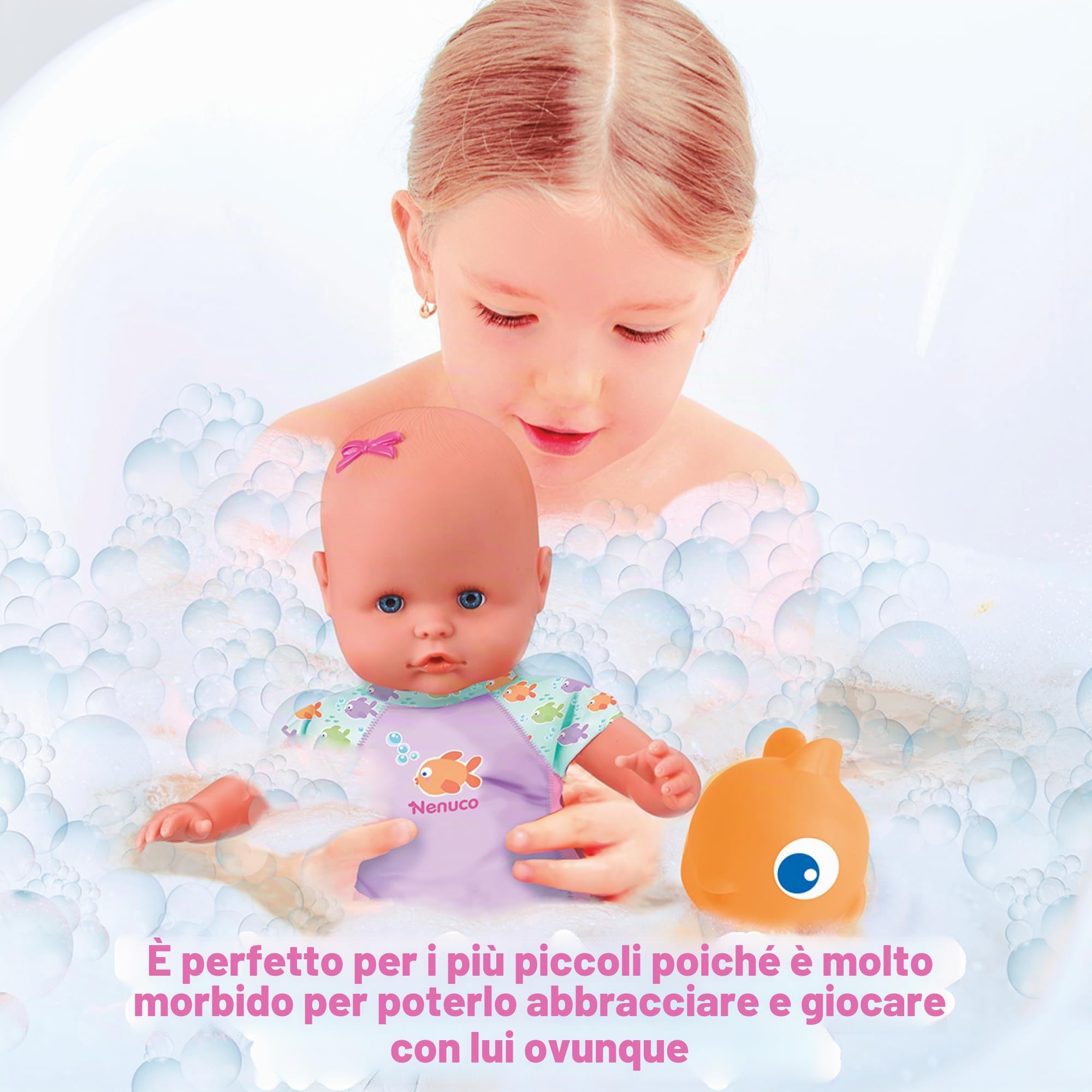 Nenuco - mio primo bagno. Bambola morbida con corpo sommergibile,costume rosa, puoi metterla nella vasca da bagno, in piscina o al mare, per bambine/I da 12 mesi, Famosa NFN88000