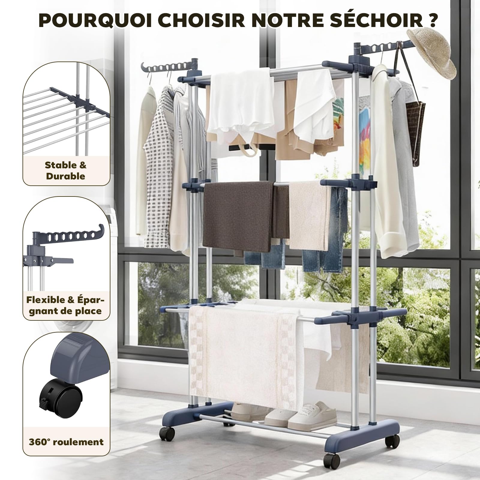 Etendoir Linge Tour sur roulettes | Séchoir 4 Niveaux en Acier Inoxydable avec 6 Ailes Pliantes | 76x50x172 cm | Gain de Place pour Balcon Salle de Bain & Intérieur | Gris