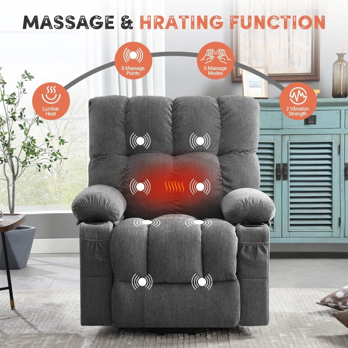 Extended Footrest Living Room Electric Recliner Single Sofa for Elderly with Massage and Heat Power Lift Recliner Chair with Two Cup Holders Side Pocket and USB Charge Port
