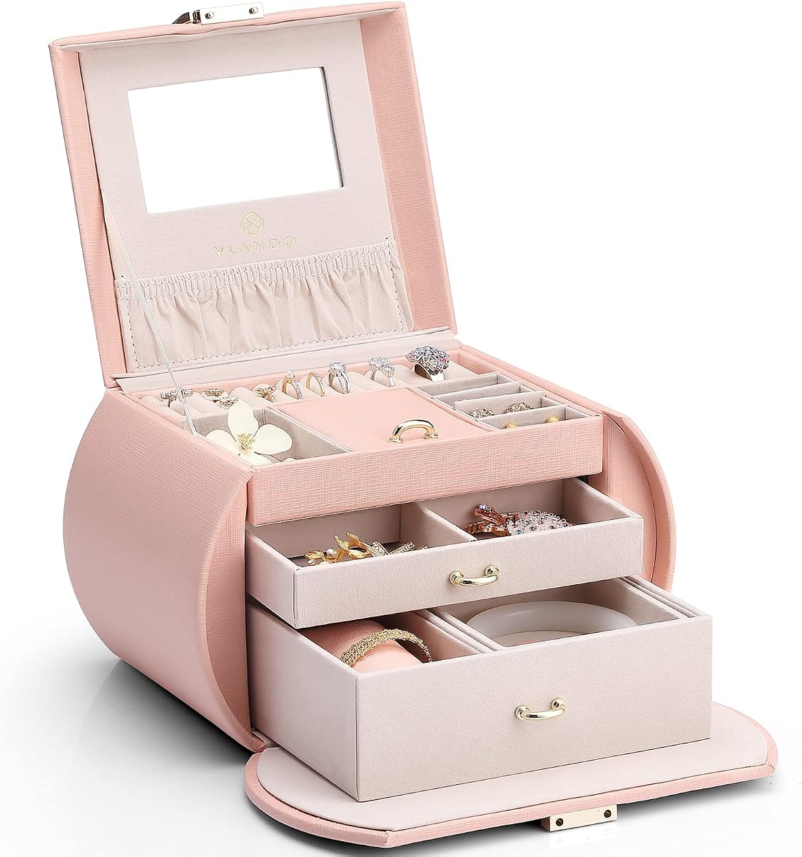 VLANDO Joyero Princesa de 3 Capas para niñas con Espejo para niñas, Rosa | Princesa estética combina con vestidores de niñas. Almacena pequeñas baratijas de forma ordenada, un dulce regalo para el día de aniversario y el uso diario.
