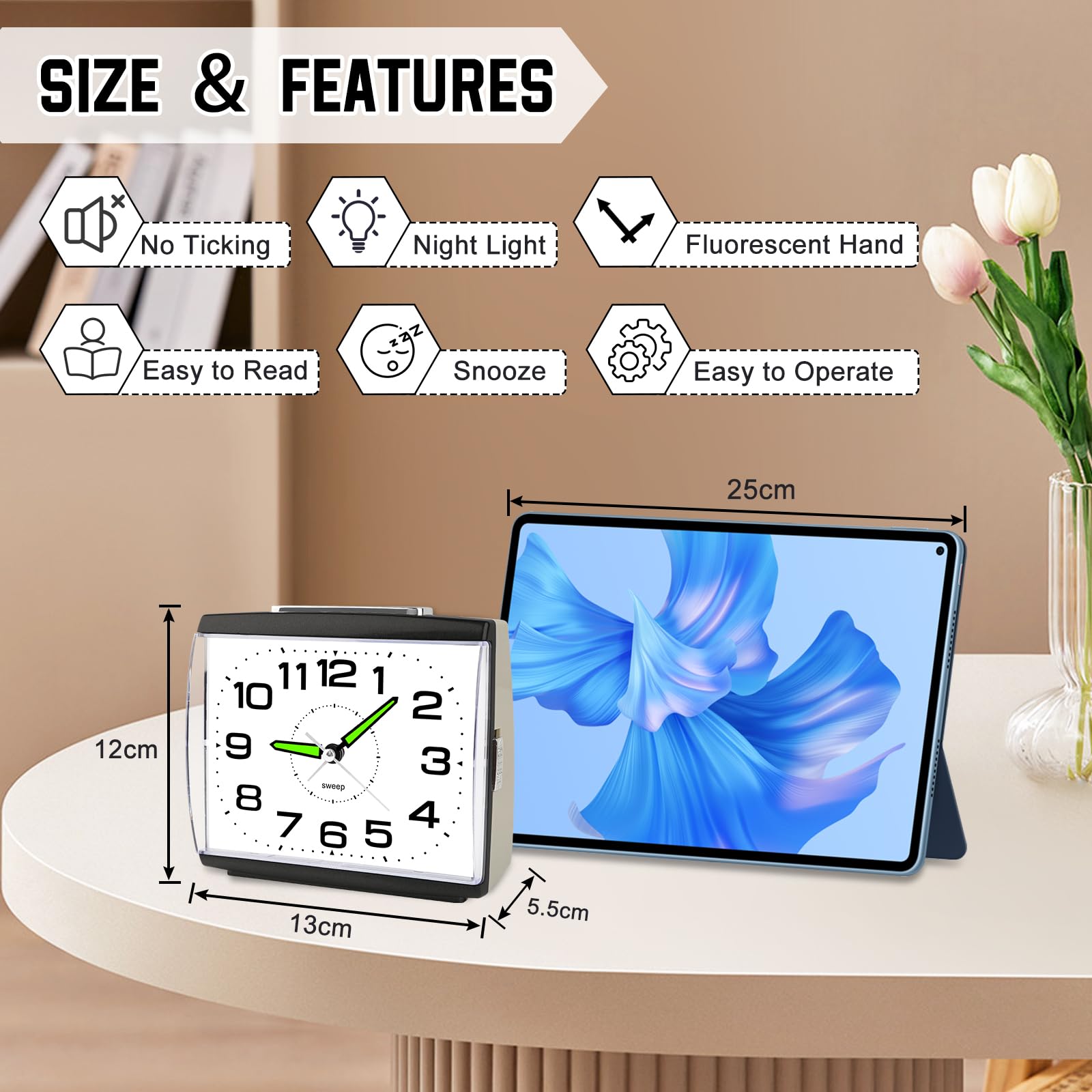 Reloj Despertador Analógico Silencioso Sin Tictac,Reloj de Mesita de Noche con Luz,Snooze y Gran Esfera,Despertador Clásico con Pilas para Dormitorio y Mayores Regalo