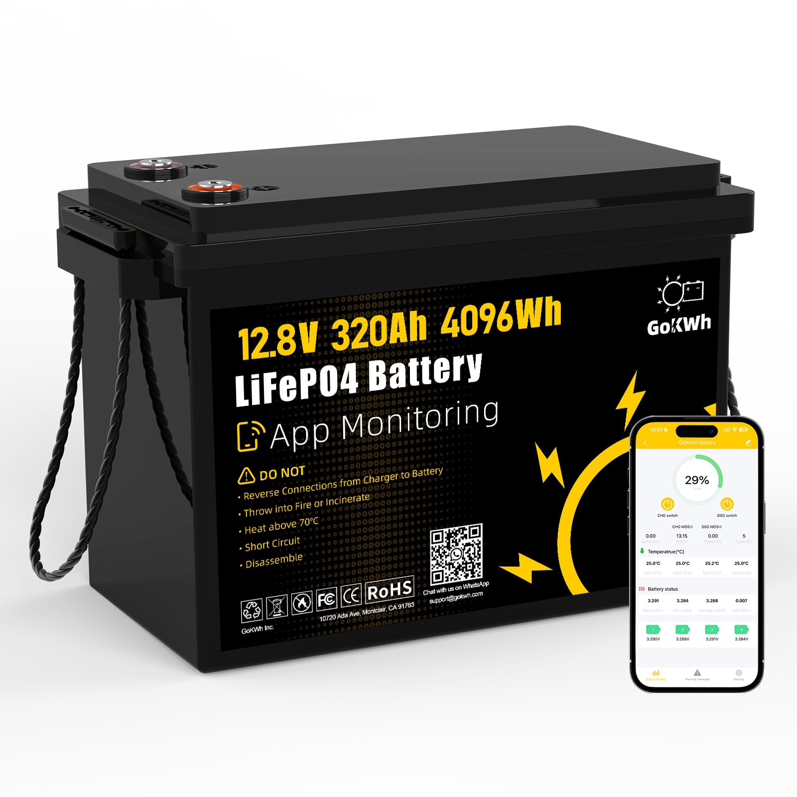 GoKwh 12V 320Ah Trolling Motor LiFePO4 Battery, Deep Cycle Battery 12V Built-in 200A BMS, Bluetooth Lithium Battery, Up to 8000 Deep Cycles for Boat,