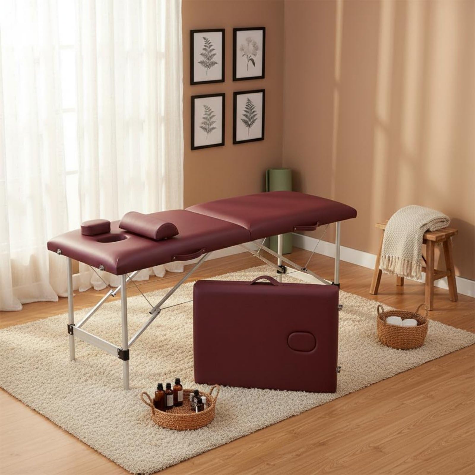 Cama de Masaje Mesa Portátil Camilla de Estética Banco de con Acolchado de 5cm y Cubierta de PVC Estructura de Aluminio Reforzada de Acero Orificio, Negro, 185x60cm