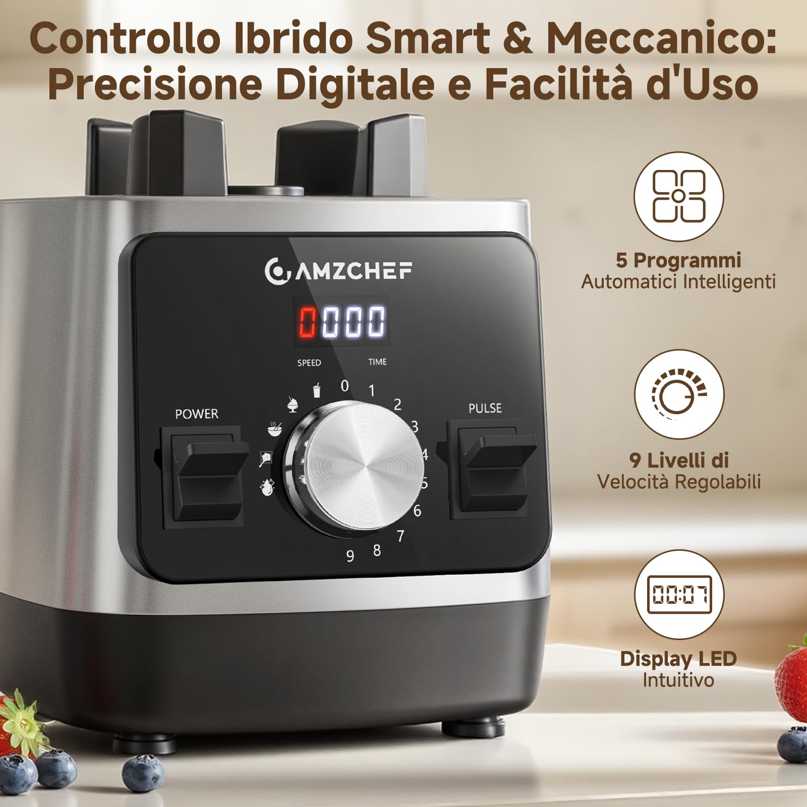 AMZCHEF Frullatore Elettrico Professionale 2L, Blender Tritaghiaccio Multifunzione per Smoothie e Zuppe, Cucina con 1800W, Caraffa in Tritan Senza BPA, 9 Velocità, 5 Programmi, Facile da Pulire