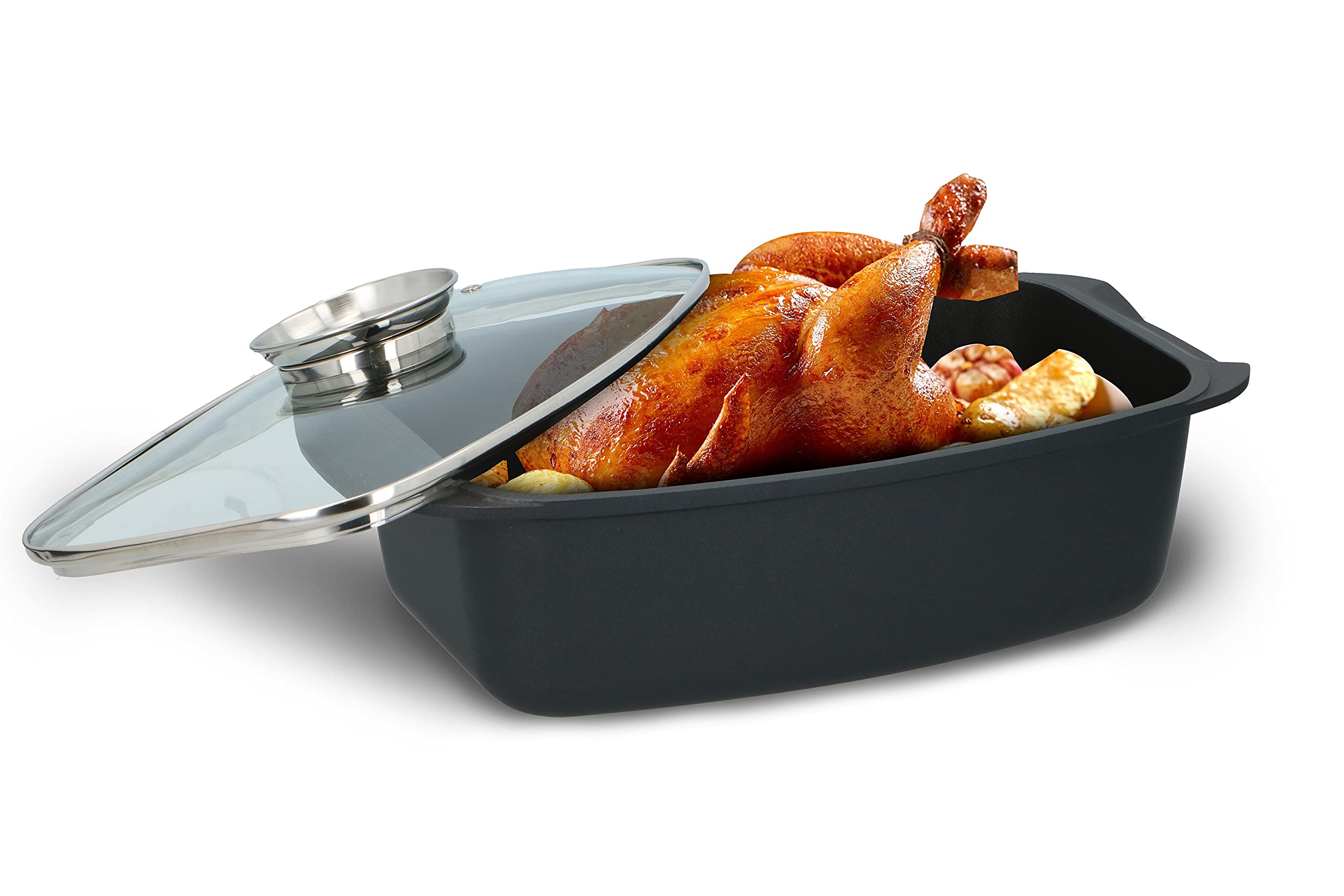 alpina Rostiera – con coperchio in vetro – per piatti da forno, cottura a vapore e arrosto – 5,5 l – nero