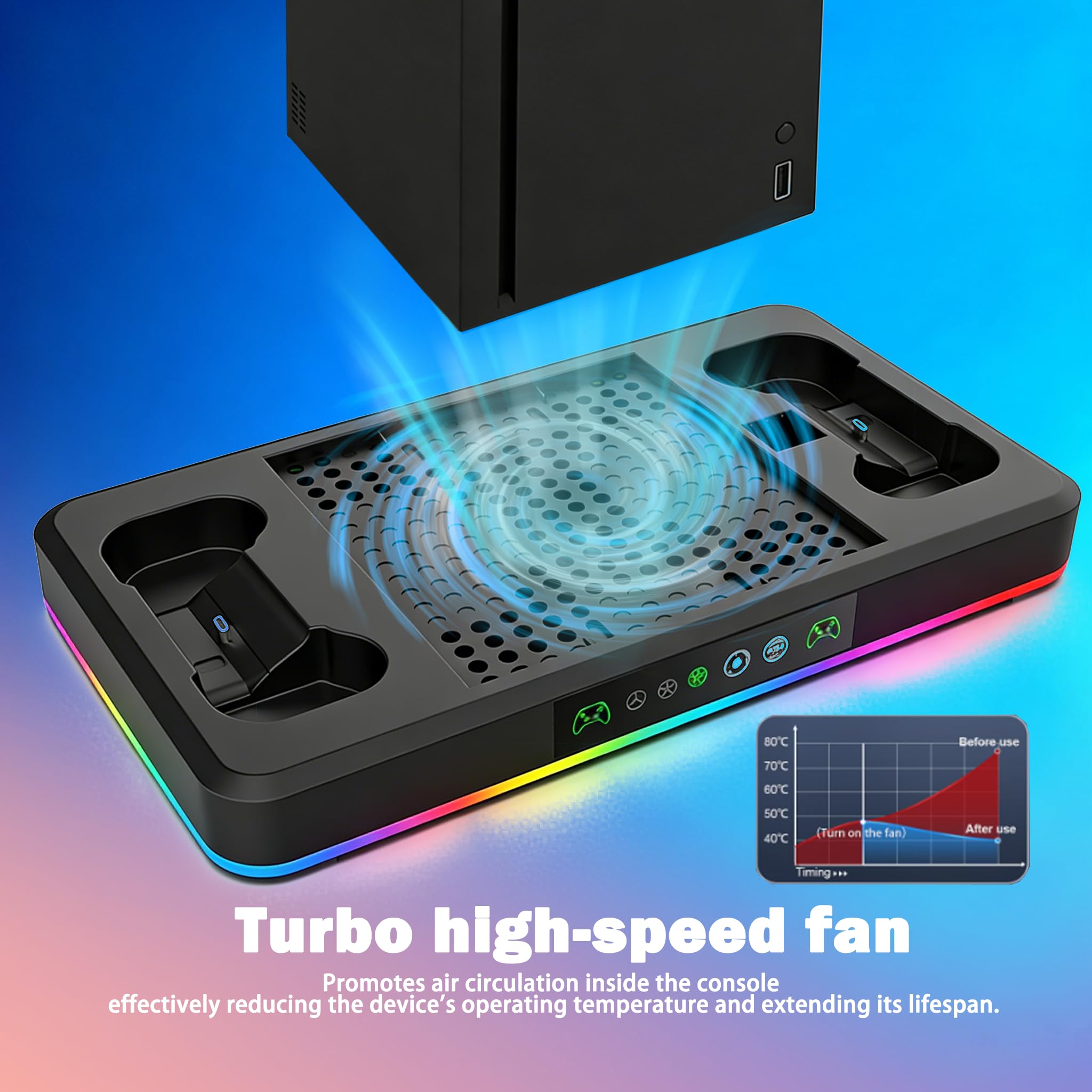 Ventola di raffreddamento verticale automatica e doppia stazione di ricarica per Xbox Series S/Series X con illuminazione ambientale RGB, grande ventola turbo, supporto per cuffie, filtri antipolvere