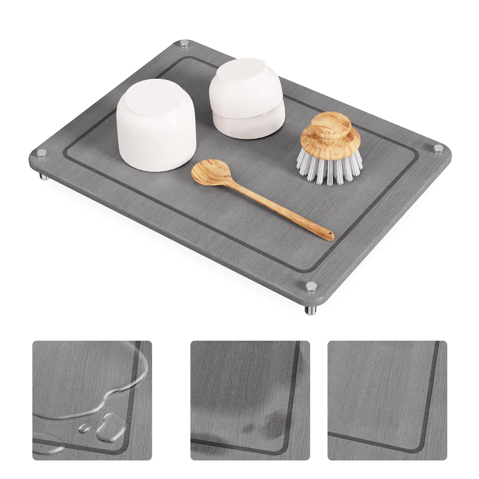 Stone Drying Mat for Kitchen Counter, Quick Drying Stone Mat, Diatomaceous Earth Dish Drying Mats with Stainless Steel Feet, Bathroom Water Absorbent Fast Drying Stone Pad, Grey