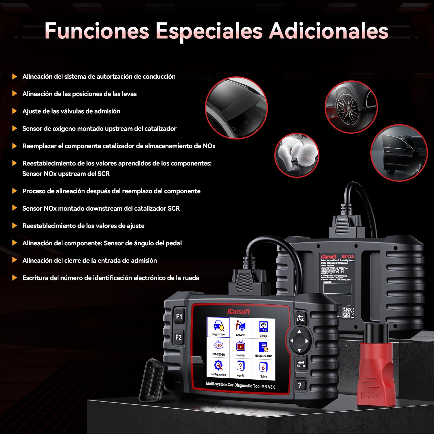 iCarsoft MB V3.0 OBD2 Máquina Diagnosis Coche para Ben.z/Sprinter/Smart, Escáner de Todo el Sistema, 35 Funciones Reinicio, Prueba Bidireccional, Vin Automático, con Adaptador Ben.z 38 Pines