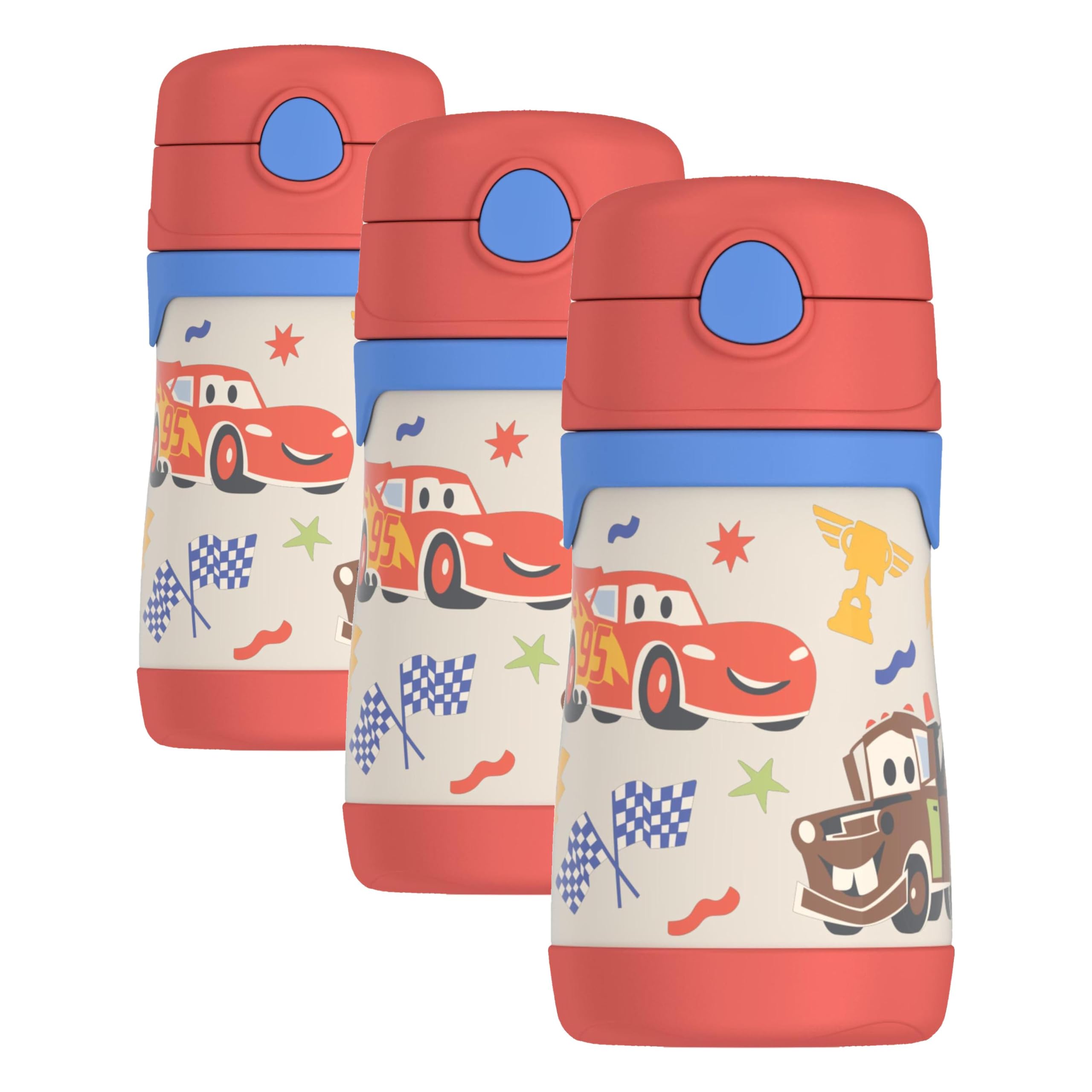 Thermos Baby Stainless Steel Bottle with pop-up straw, Cars, 10 Ounces (Pack of 3)