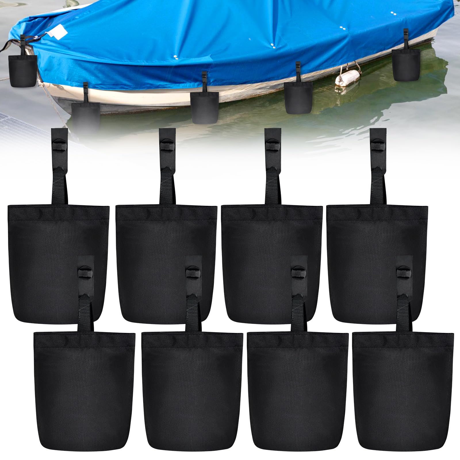 PORFOYO Lot de 8 sacs de sable à remplir pour tonnelle, sacs de sable, petits poids de tonnelle, avec clips de fixation, ensemble de sacs à eau pour protection contre le vent, lestage