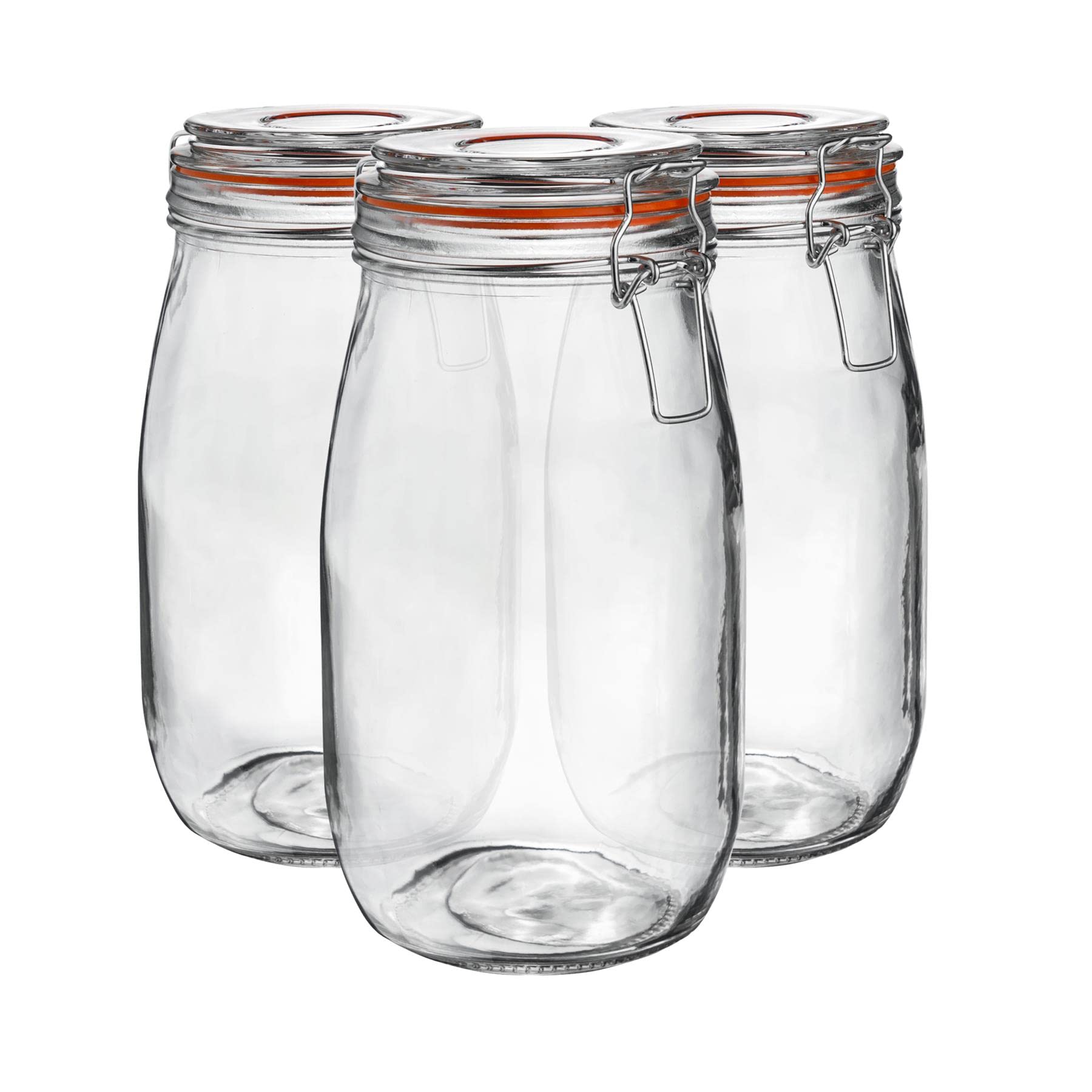 Argon Tableware Natural Glass Jars With Airtight Metal Clip Lid - 1500Ml/50.7Oz - 6 Pack - 4 Colour Seals - Large Kitchen Storage Container Round Preserving Jar For Pickling, Chutney, Jam, Coffee