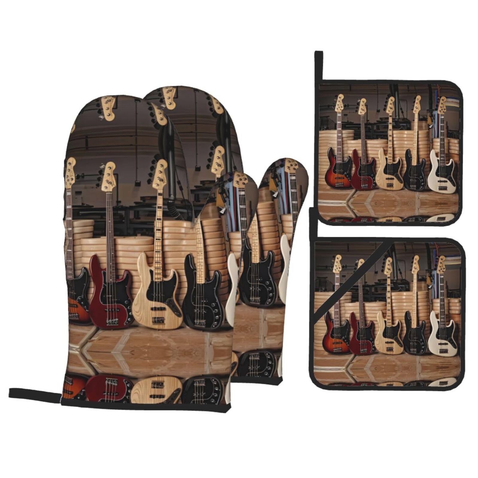 YYHHAOFA Guitar Bass Music Musical Instruments Prints Kitchen Baking Set with Heat Resistant Pot Holders & Oven Mitts - Waterproof Layer for Hot Dishes, Grill & Microwave