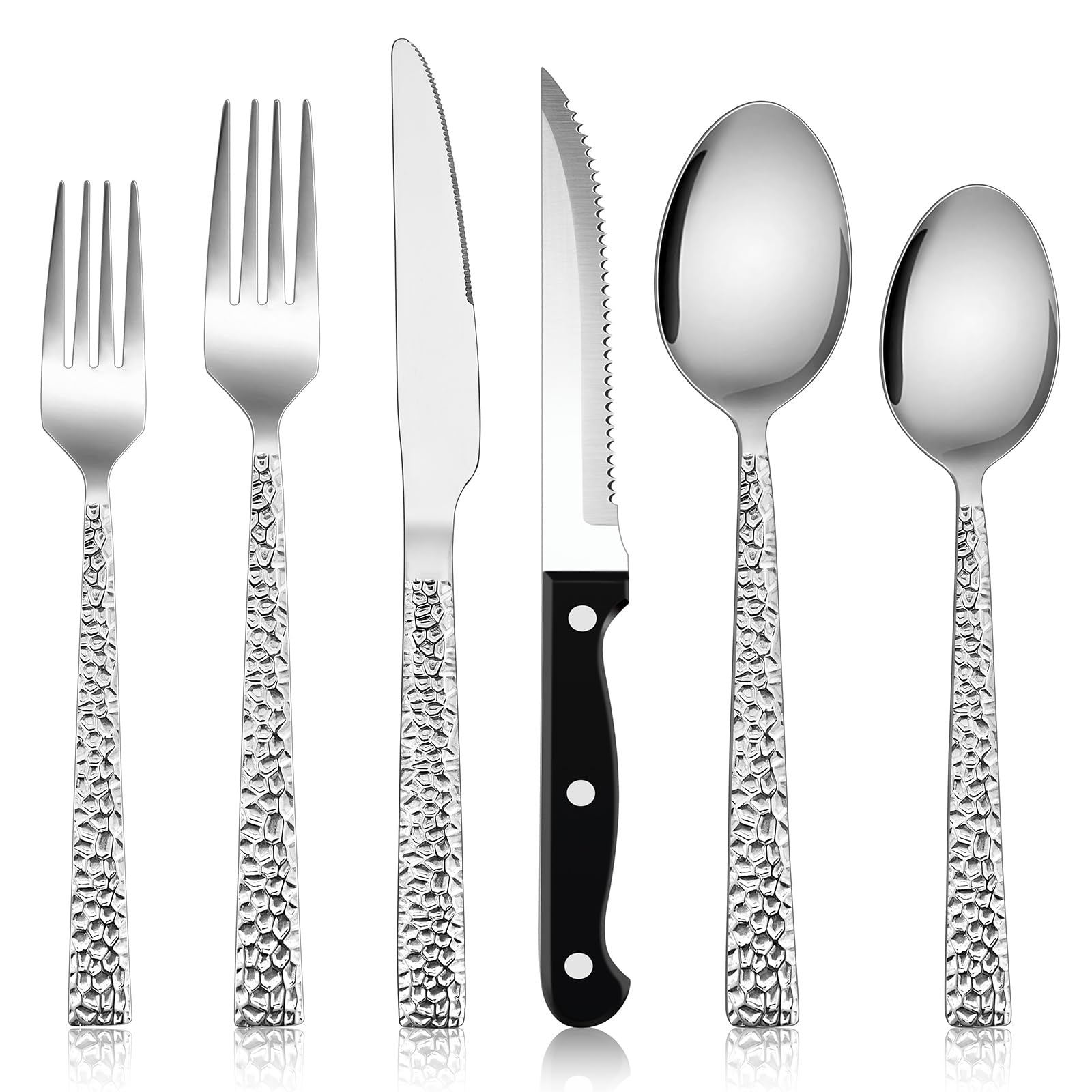 Hammered Silverware Set with Steak Knives, E-far 48-Piece Stainless Steel Flatware Cutlery Service for 8, Metal Tableware Eating Utensil Sets for Home Kitchen Restaurant, Heavy Duty & Dishwasher Safe