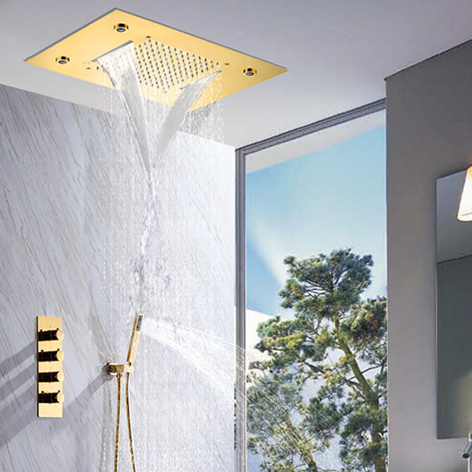 ASerZenith The All-Copper Brushed Gold Bathroom is Concealed Into The Wall Type Canopy to Hide The Household Constant Temperature Light Luxury Shower Shower Set Ceiling(3FunctionsofHotColdWaterValve)