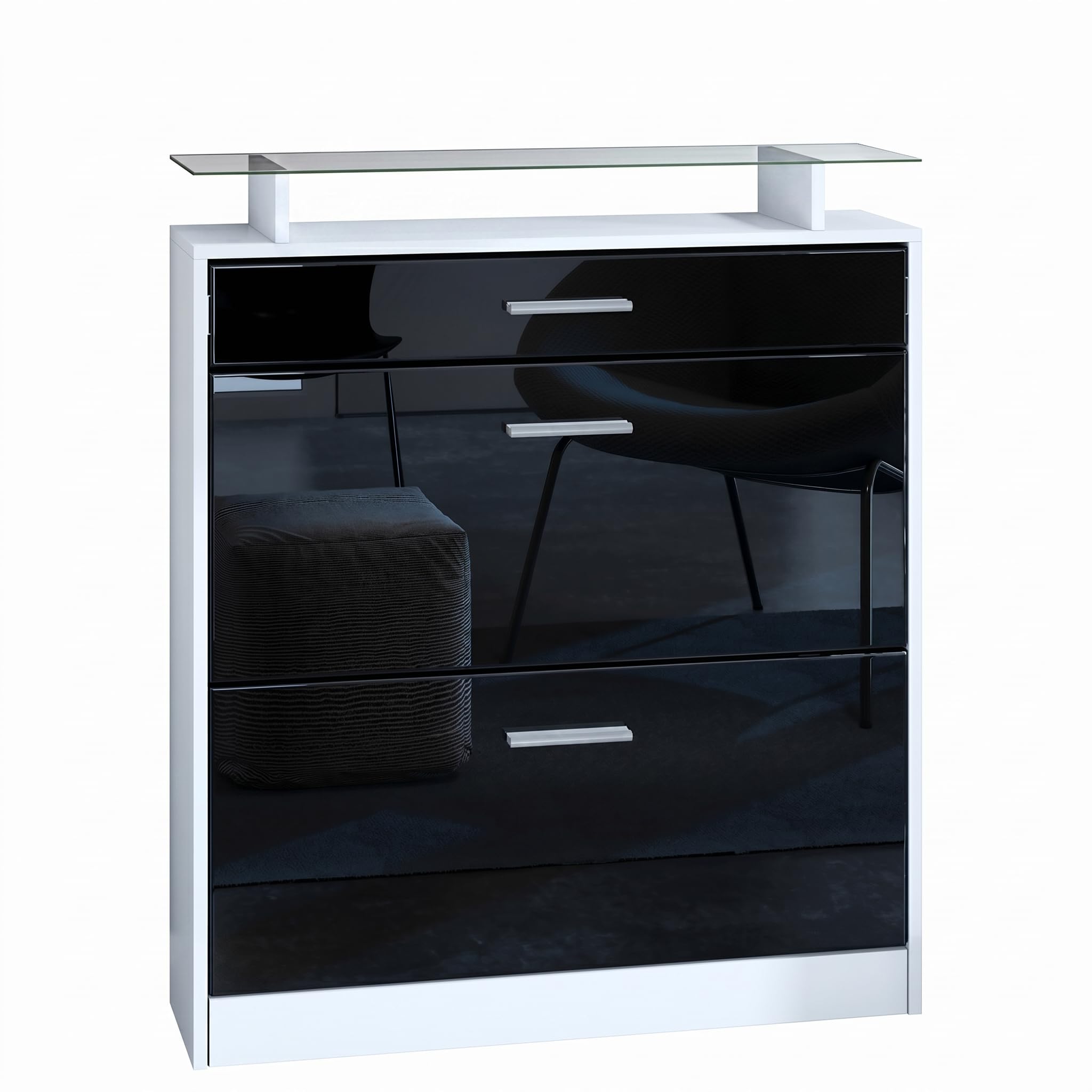 Vladon Zapatero Loret, Armario para Zapatos para 16 Pares de Zapatos con 2 Puertas abatibles y 1 Cajón y Estante de Cristal, Blanco Mate/Negro de Alto Brillo (89 x 104 x 23 cm)