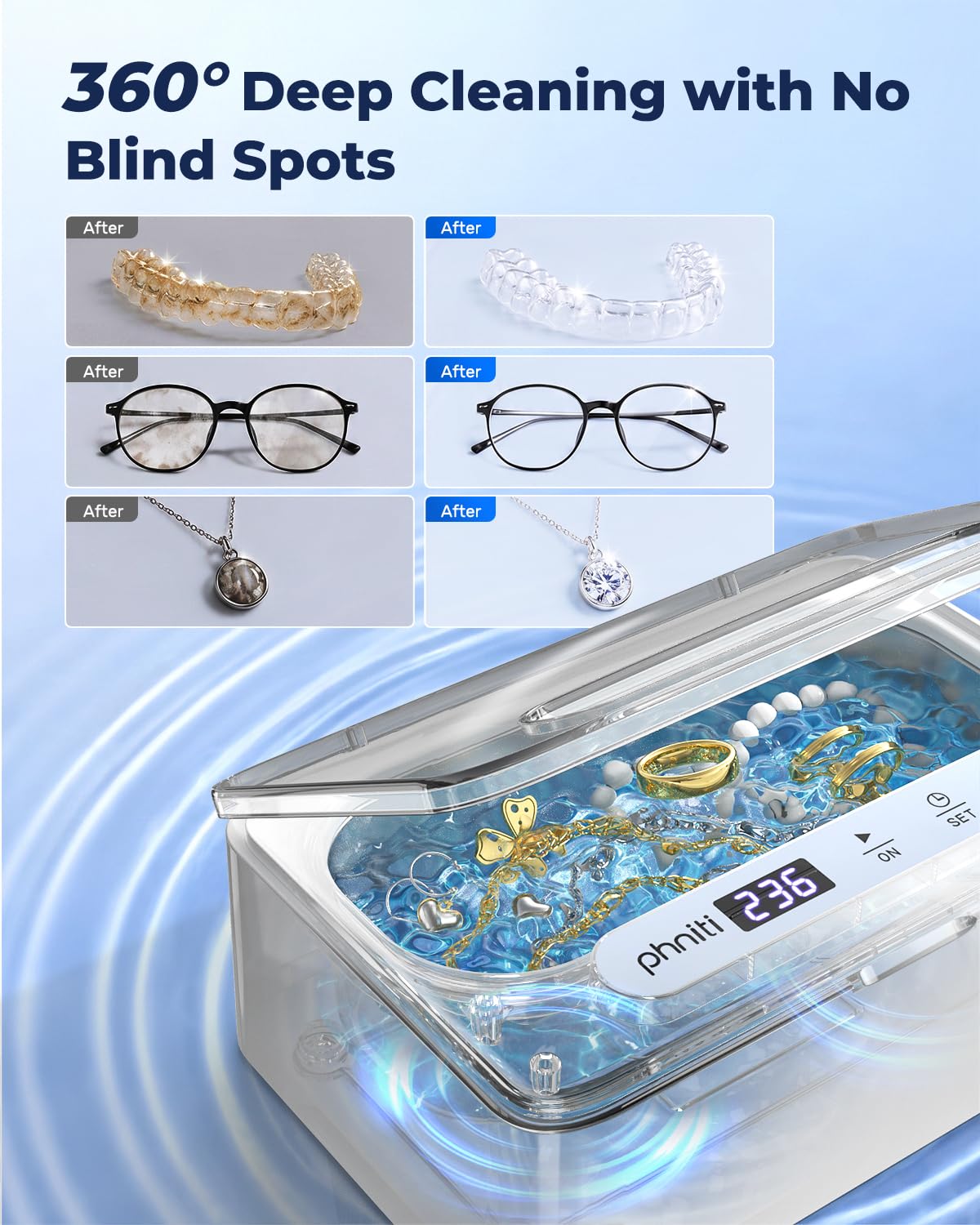 Phniti Limpiador ultrasónico con pantalla digital inteligente, 3 modos de limpieza de temporizador para joyas, gafas, relojes