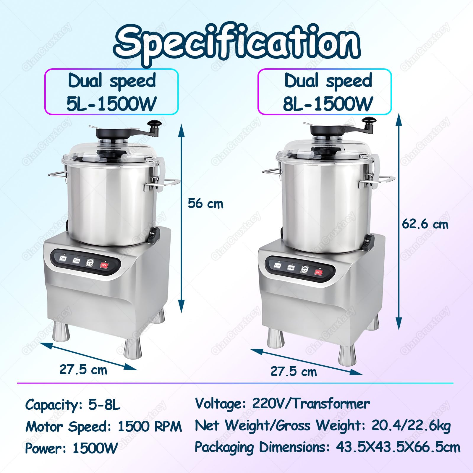 Picadora Eléctrica de Alta Potencia, Capacidad 5-8 litros, Cuchilla en S de Acero Inoxidable, Seguridad Magnética, Ideal para Preparaciones Culinarias Variadas y Creativas 8L-1500W