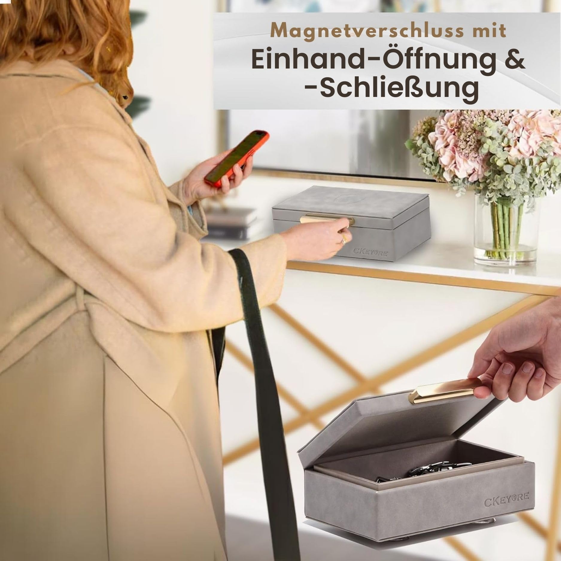 SAFECKEYURE Schlüsselbox Faraday-Box für Autoschlüssel Signalblocker RFID Magnetverschluss Schlüsselsafe Hellgrau