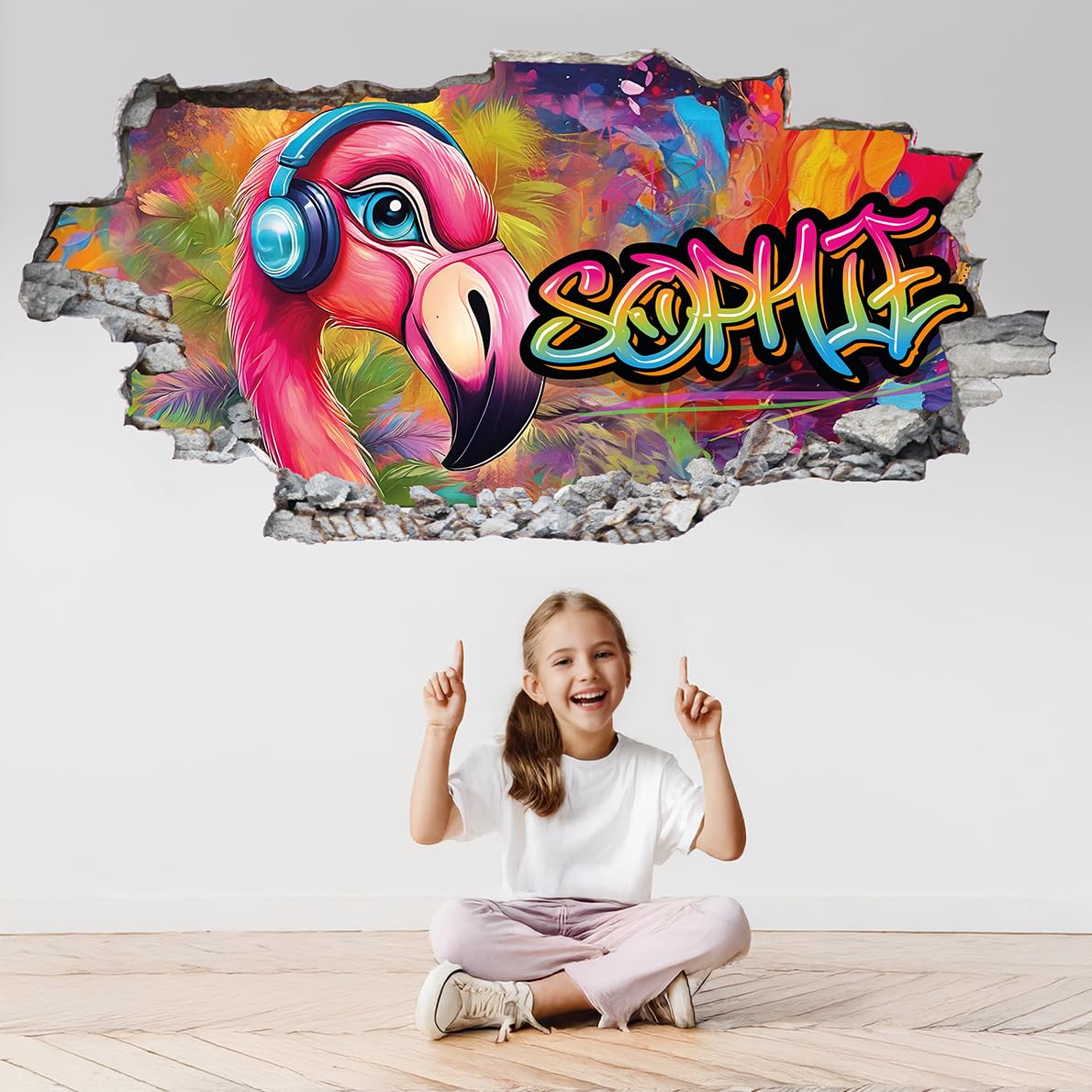 tjapalo P97 Aufkleber mit Vornamen, personalisierbar, 3D-Wandaufkleber, Kinderzimmer, Mädchen, selbstklebend, personalisierbar, Wandaufkleber, Kinder, Mädchen, Aufkleber mit Flamingo-Tag