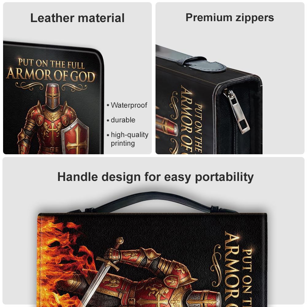Hobbspring Chivalry Bible Cover Case for Men Women Fire Chevalier Bible Cover with Bookmark Passionate Carrying Book Cases with Handle and Zipper PU Leather Bag for Adults Students(Bronze) - Image 4