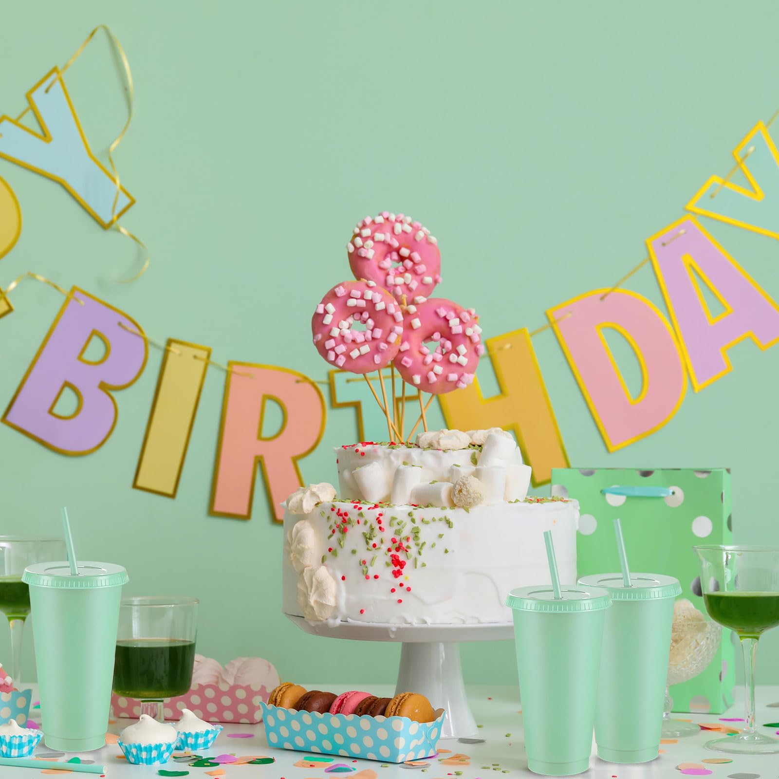 Amyhill 12 vasos reutilizables con tapas y popotes, vaso de plástico de 24 onzas, taza de café helado, taza de viaje para jugos de batidos, cumpleaños, fiestas de pijamas, suministros para niñas