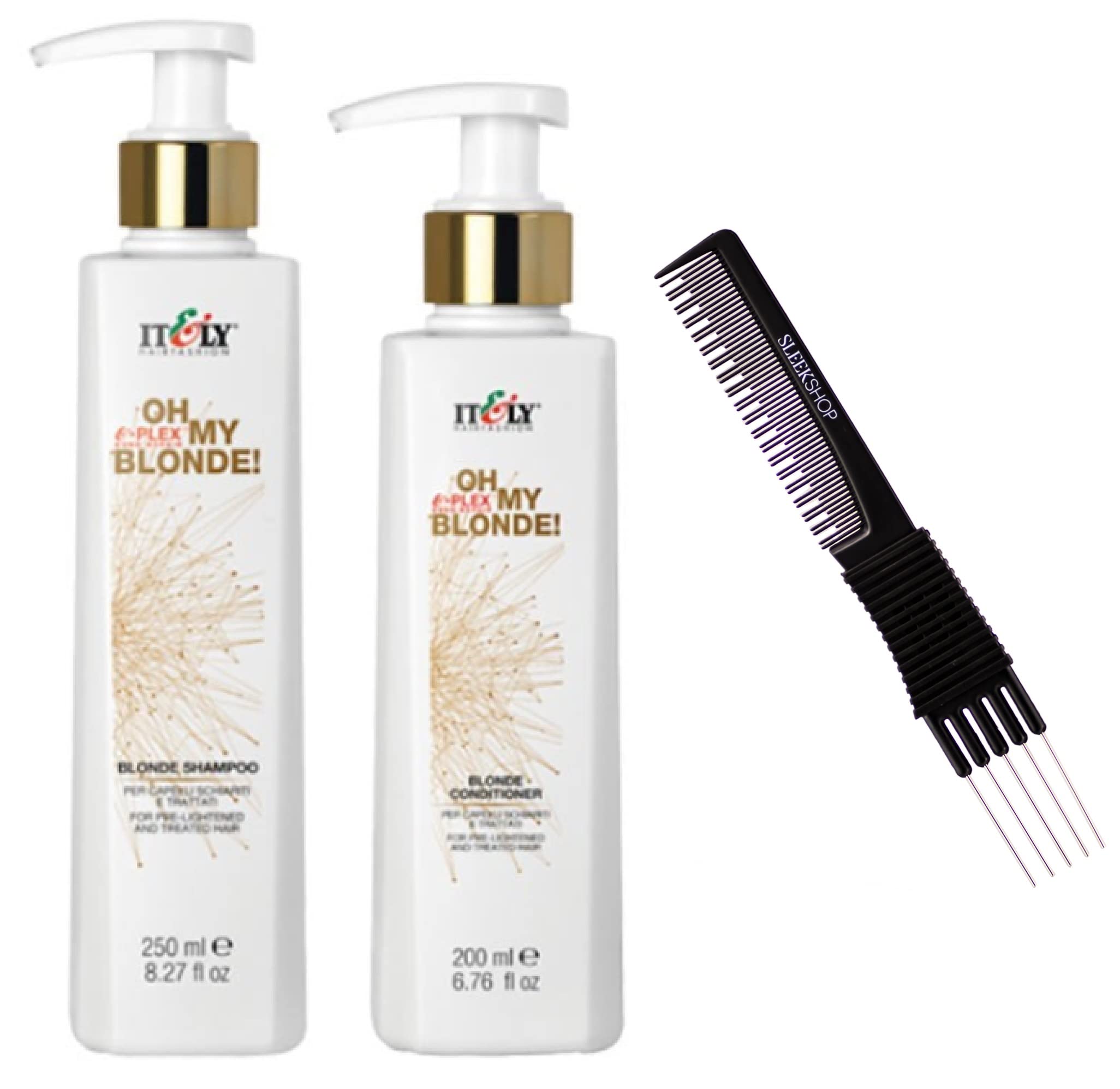Italy OH MY BLONDE Shampoo & Conditioner Duo Set for Bleached, Lightened Hair (w/Sleek Teasing Comb) Itely Italian Beauty (8.45 oz + 6.76 oz KIT)