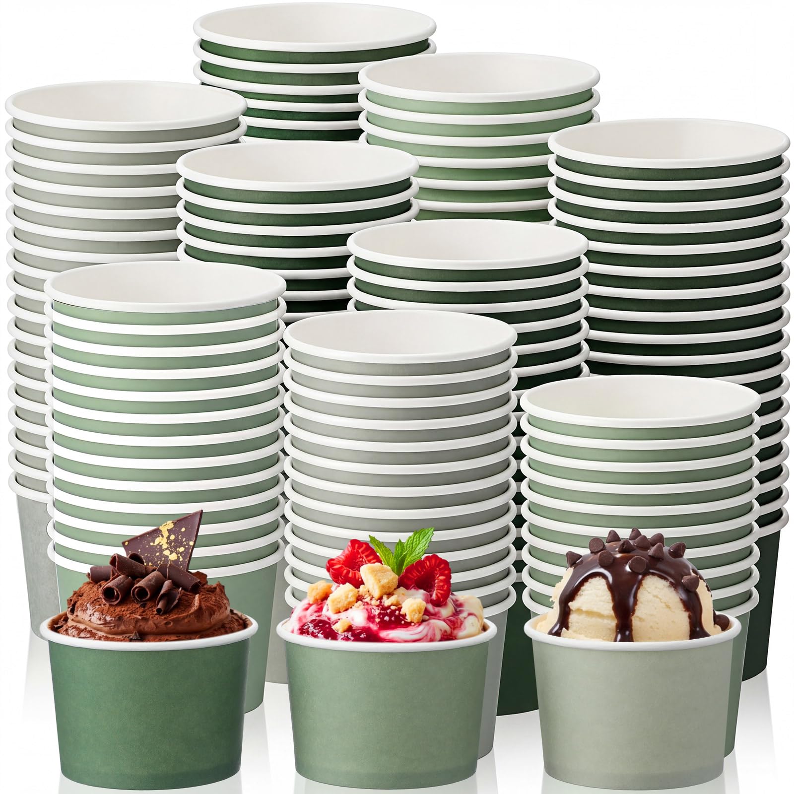 Honeydak 200 Pcs 5 oz Paper Ice Cream Cups Sage Green Striped Classic