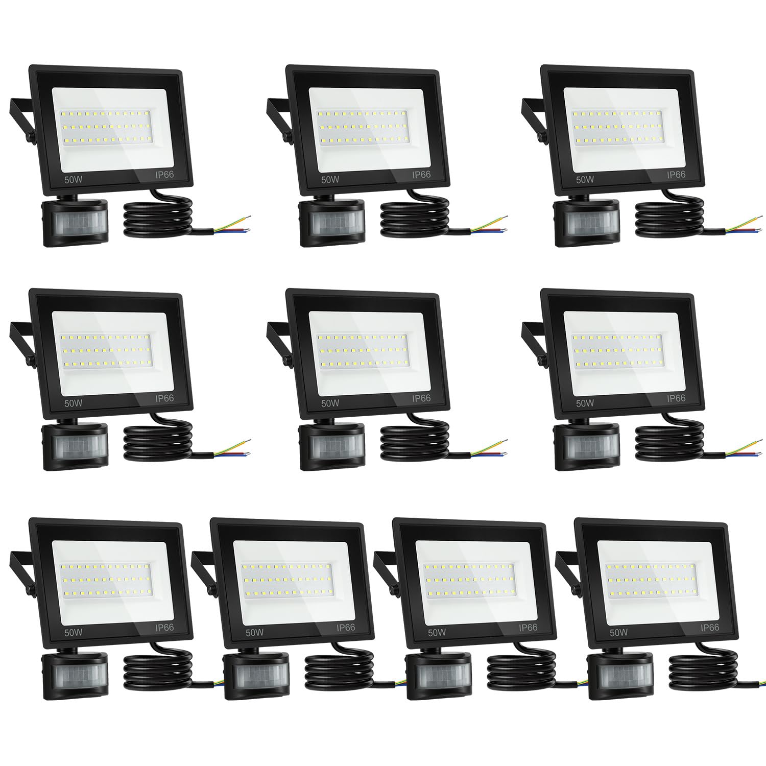 LED Strahler 10 Stücke 4000LM 6000K Kaltweiß – Superheller Scheinwerfer mit Bewegungsmelder, IP66 Wasserdicht für Innen & Außen (Sportplatz, Garage, kein Stecker)