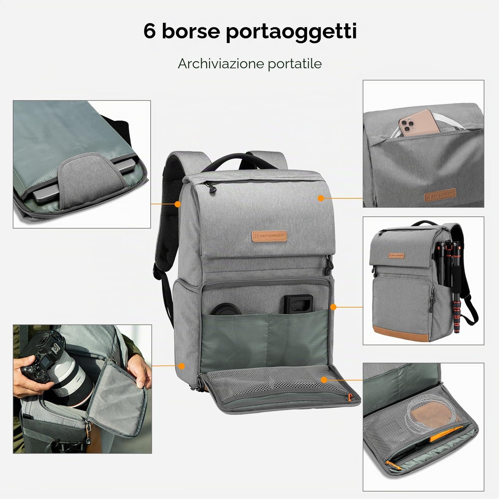 K&F CONCEPT Zaino per fotocamera, 22 litri Borse per fotocamera di grande capacità con copertura antipioggia Scomparto per laptop da 15,6" per Macchina fotografica Obiettivo Droni