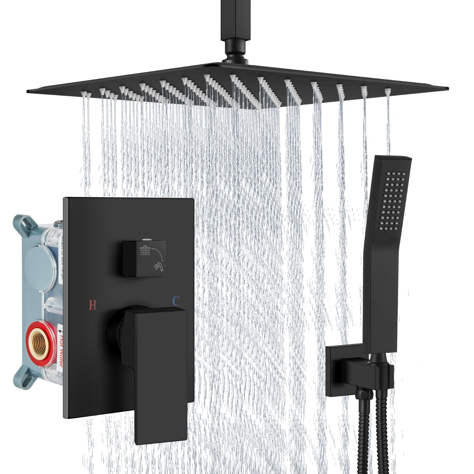 Aolemi Matte Black Ceiling Mount Rain Shower Head with Handheld Spray and High Pressure Faucet Set, Includes 16 Inch Shower Head and Trim Kit