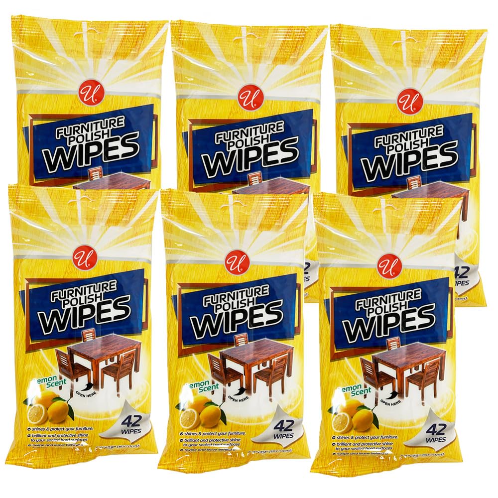 6pk 42ct Wood Cleaner Polishing Wipes Shine Protect Furniture Doors Lemon Scent Pleasant Lemon Scent Brilliant Shine Use on Nonporous Surface Safe Doors Furniture Cabinets Wood Kitchen Bathroom