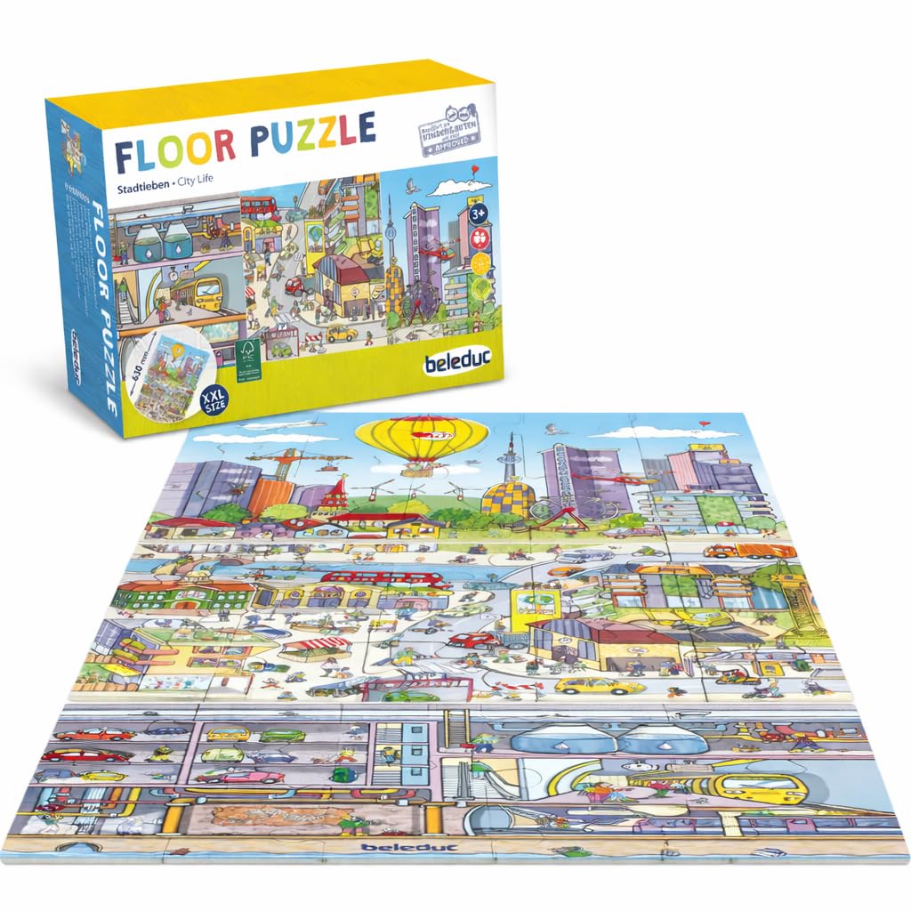 Beleduc Bodenpuzzle Stadtleben XL – 45 Teile – Großes Kinderpuzzle ab 3 Jahren – Stadt und Verkehr Lernpuzzle – 92 x 92 cm – 3 Puzzle Werden zu 1 XL Puzzle - Wimmelbild