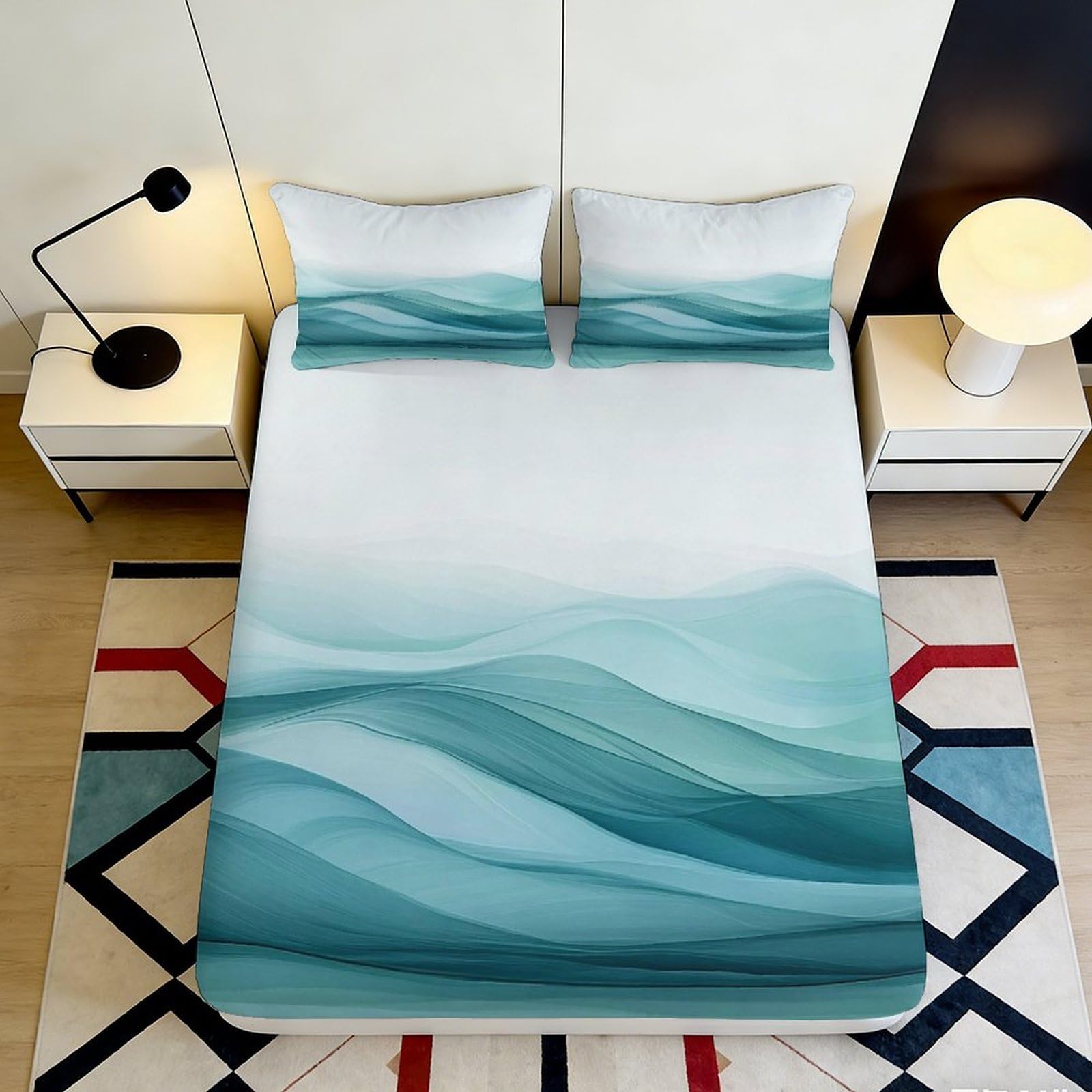 3D Printed Ocean Wave Fitted Sheet Microfiber Soft Blue Gradient Mattress Cover for Bedroom Dorm Decor 90x200x25cm