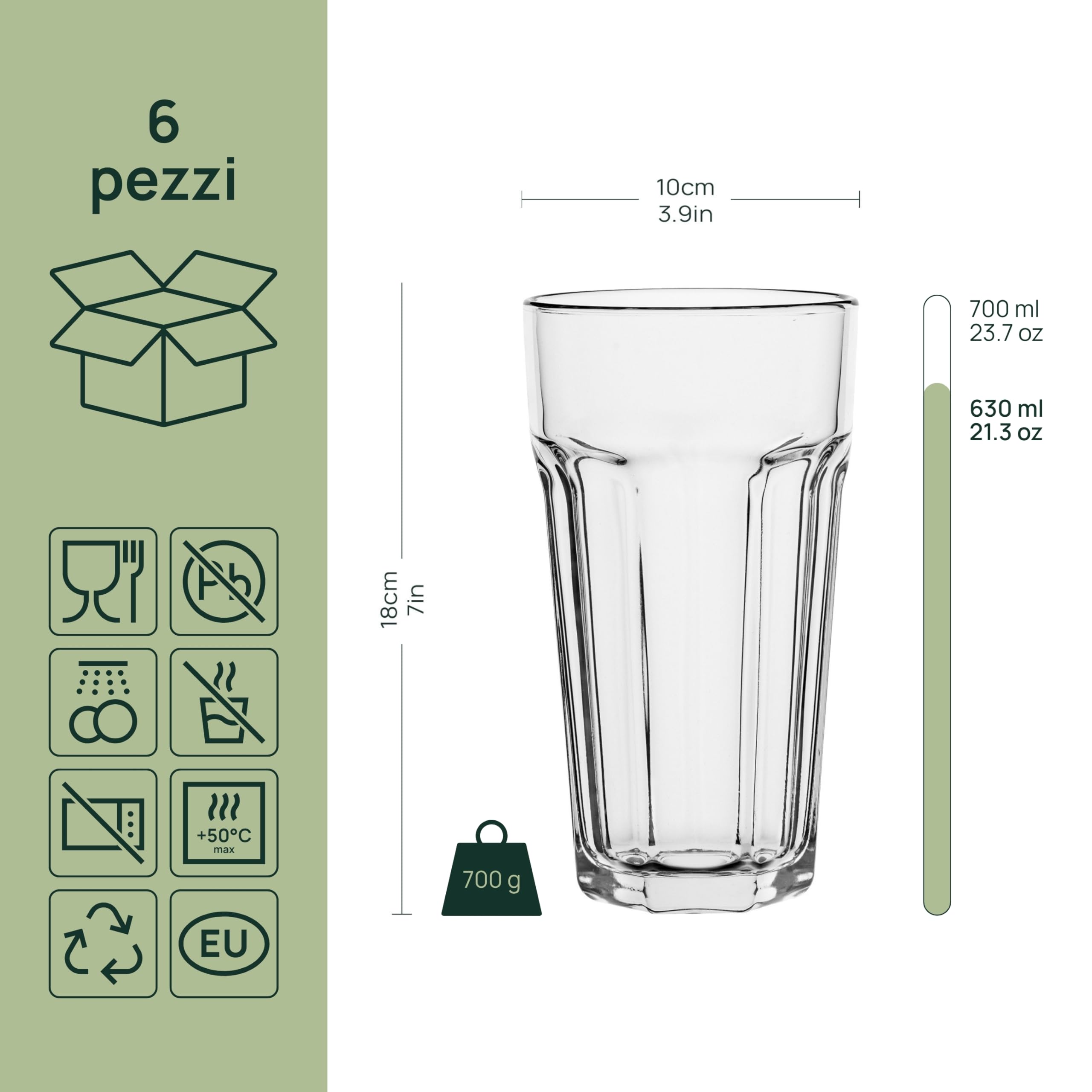 Bicchieri XXL, set da 6 pezzi, 700 ml, design americano, bicchieri da cocktail Highball, 100% riciclabili, lavabili in lavastoviglie, trasparenti