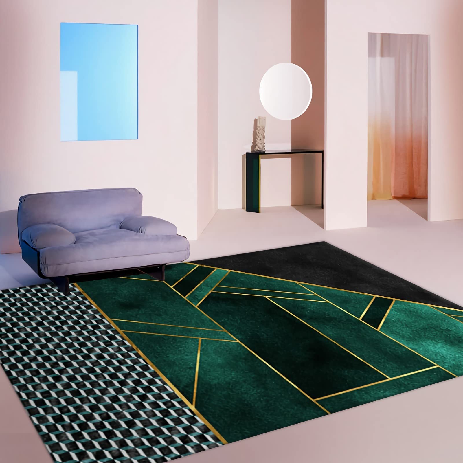 Teppich deko hauseingang,Schwarzer, Grüner, Geometrischer, Leicht Zu Reinigender Teppich Bedroom Rug,bettvorleger Schlafzimmer 80x120cm