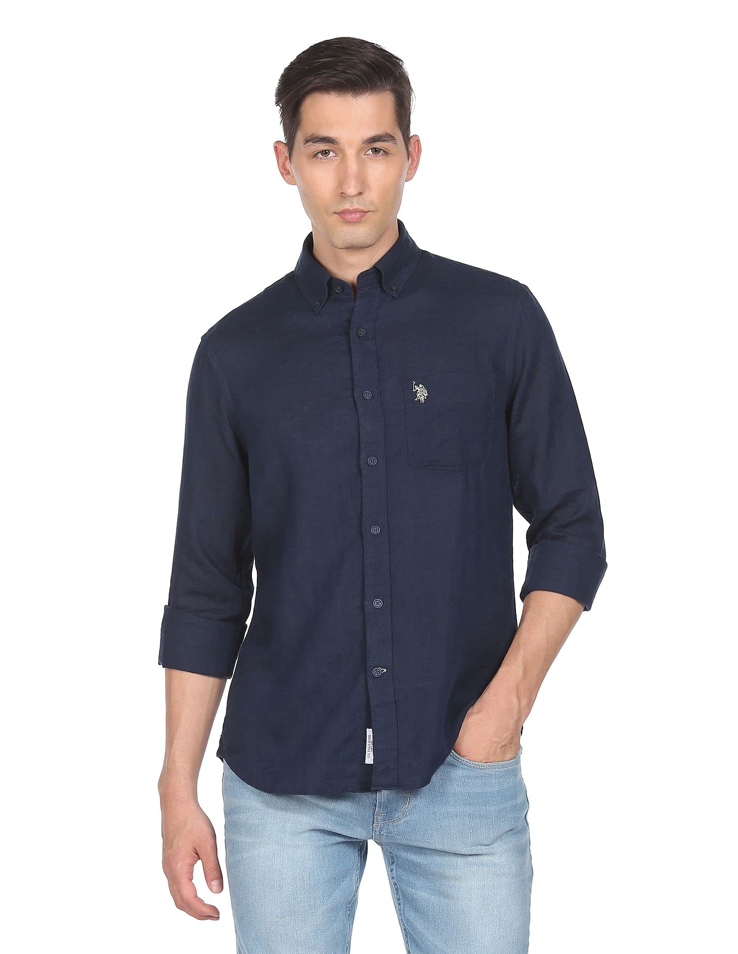 u.s. polo assn. Men's Solid Linen Tailored Fit Button Down Casual Shirt-picture-30