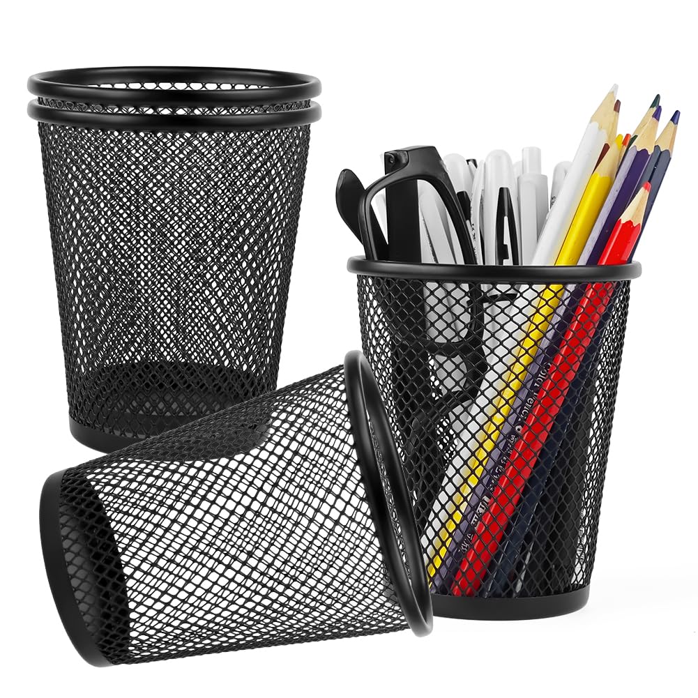 Fosinz Pen Pencil Holder Mesh Cup Container Metal Desk Organizer Stand Stationery Desk Tidy Decor Brush Scissor Holder Decoration Office Desk Home School 4 Packs
