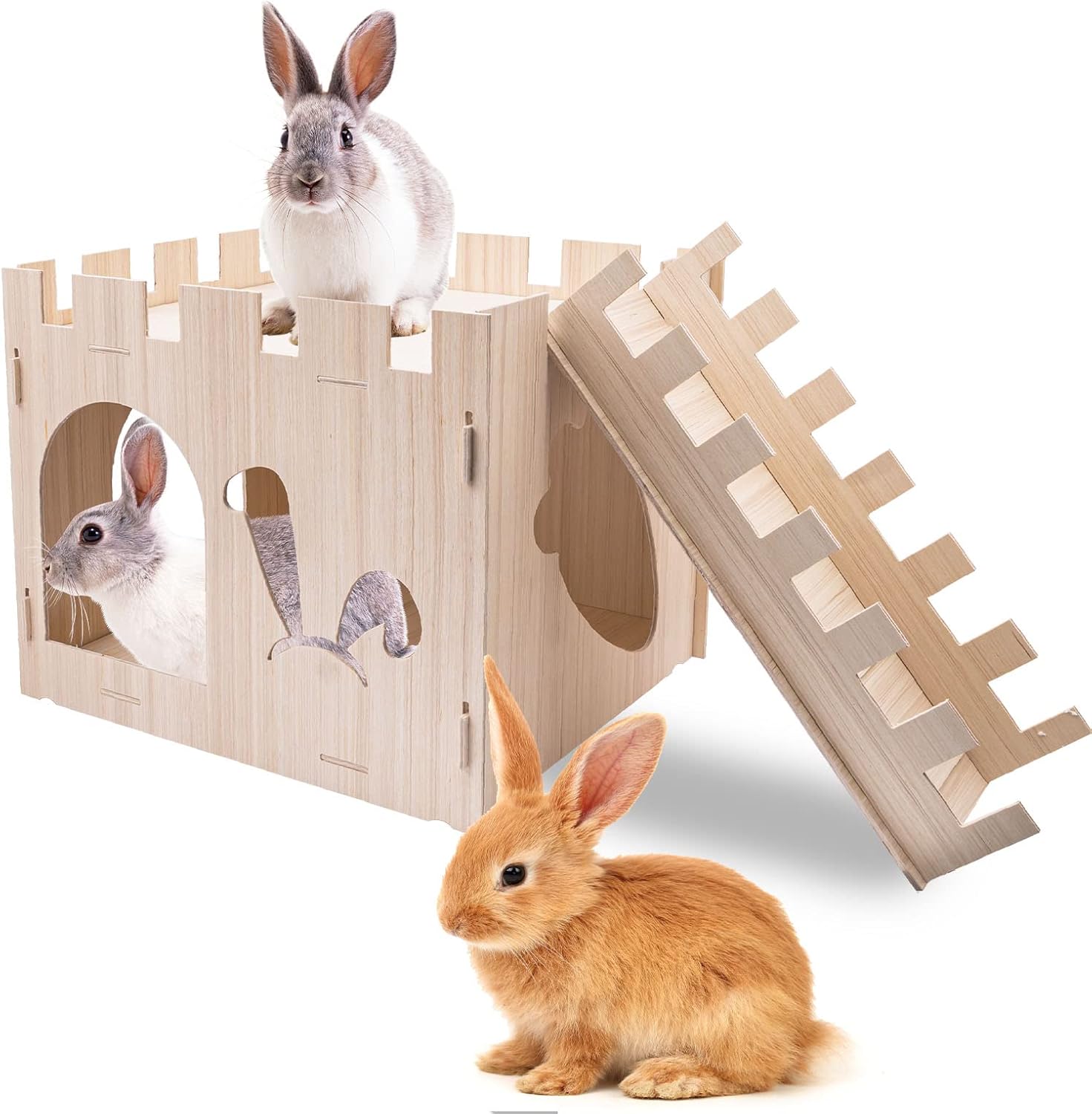 Extra Large Wooden Rabbit Castle with Ladder Wood Cat Beds for Indoor