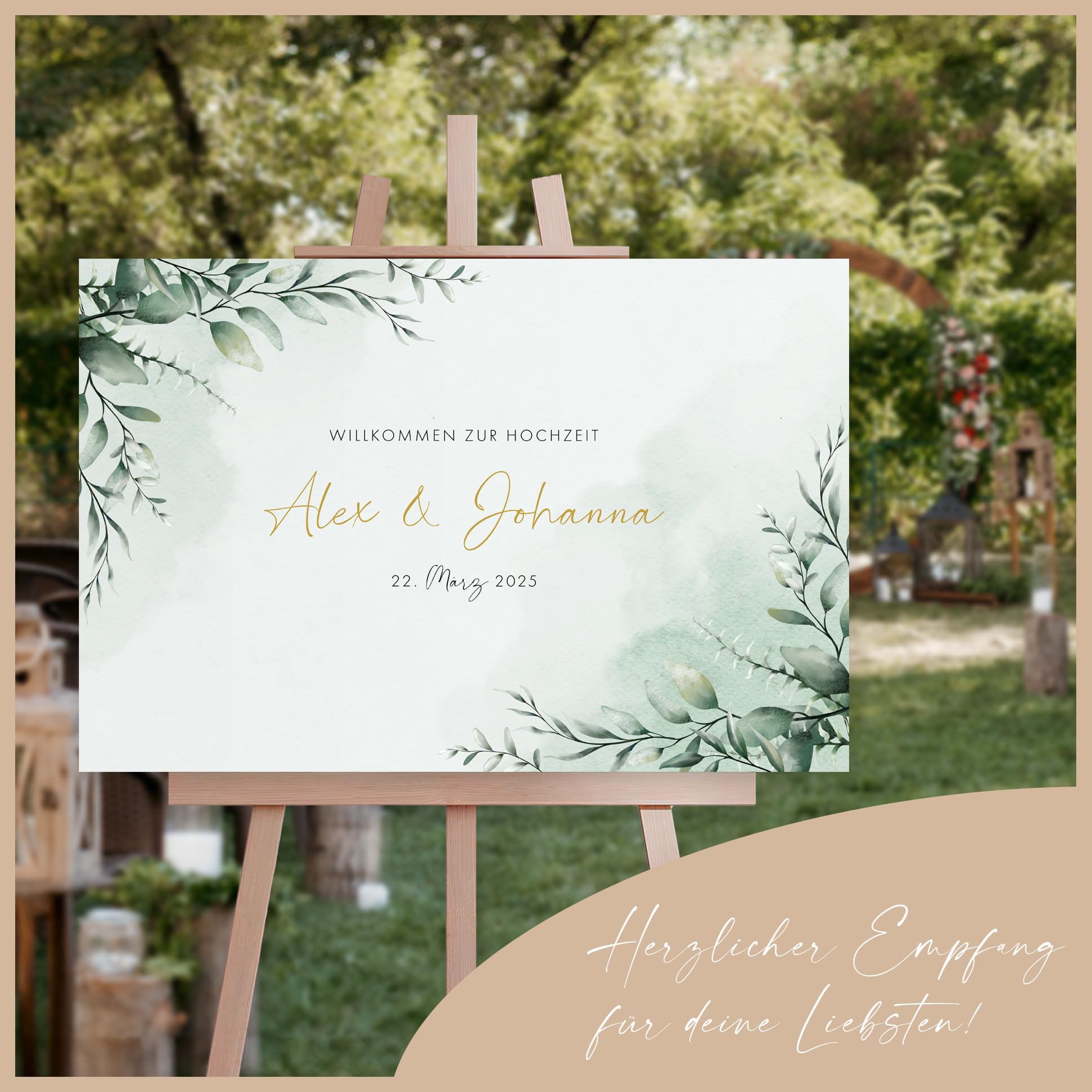 Willkommensschild Hochzeit Eukalyptus Gold mit Datum und Namen, personalisierte Hochzeitsdeko, Aufsteller Willkommen Schild, Grün, Leinwand, 60x40
