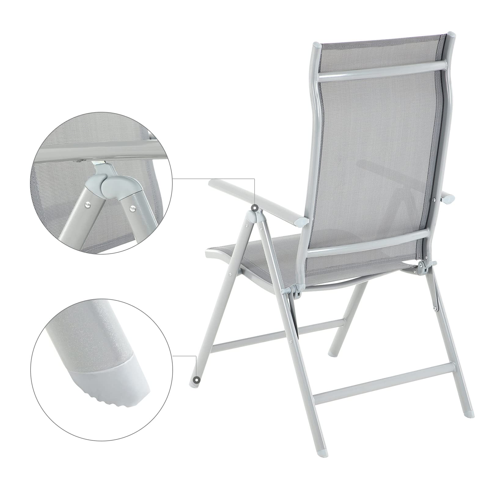 SONGMICS Krzesła ogrodowe, zestaw 4 sztuk, krzesła składane, krzesła outdoorowe z wytrzymałym stelażem aluminiowym, 8-stopniowa regulacja, obciążenie do 120 kg, szare GCB30GY
