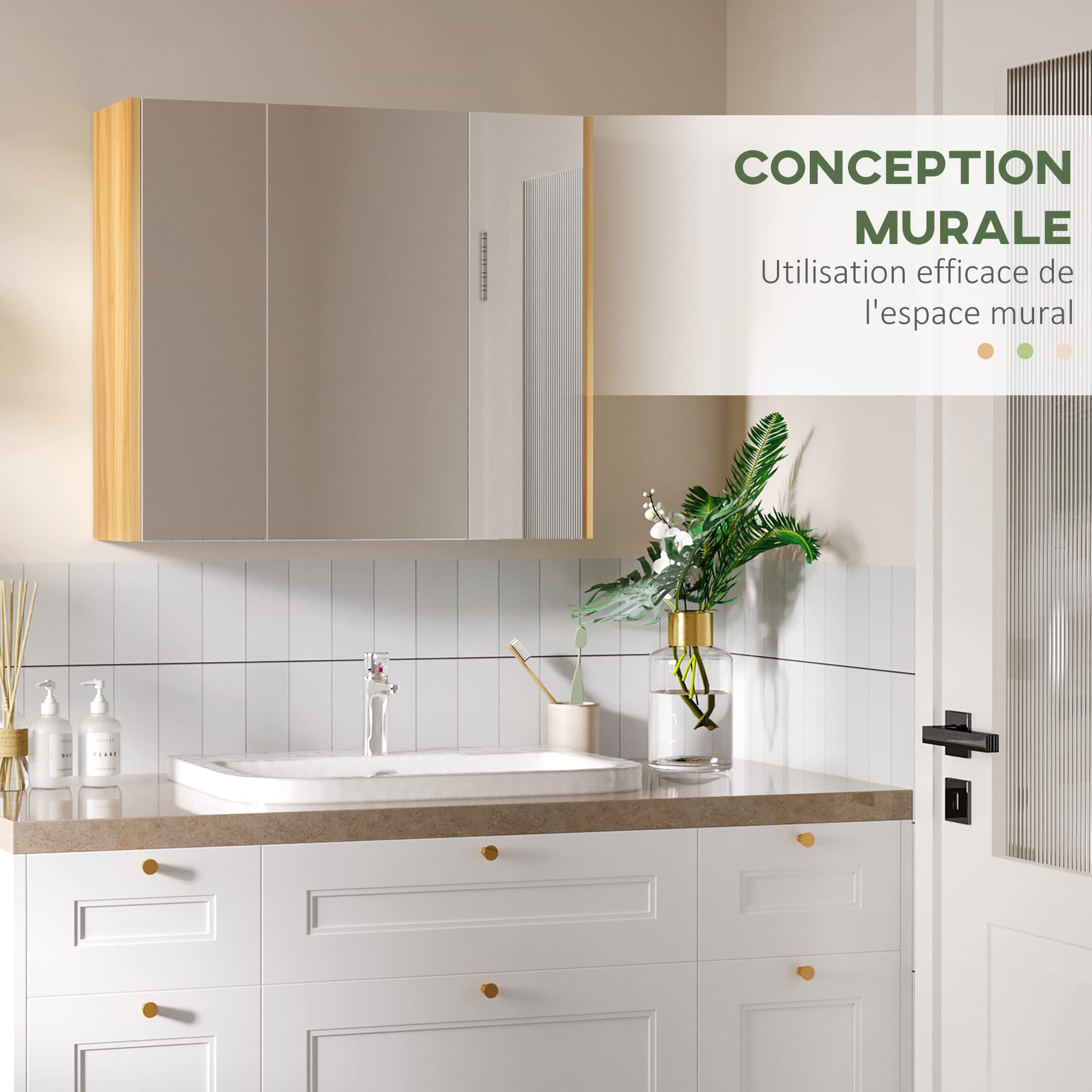 kleankin Armoire Miroir Salle de Bain Armoire de Toilette Miroir 3 Portes 4 étagères réglables 68 x 22 x 60 cm Aspect chêne Clair - Blanc