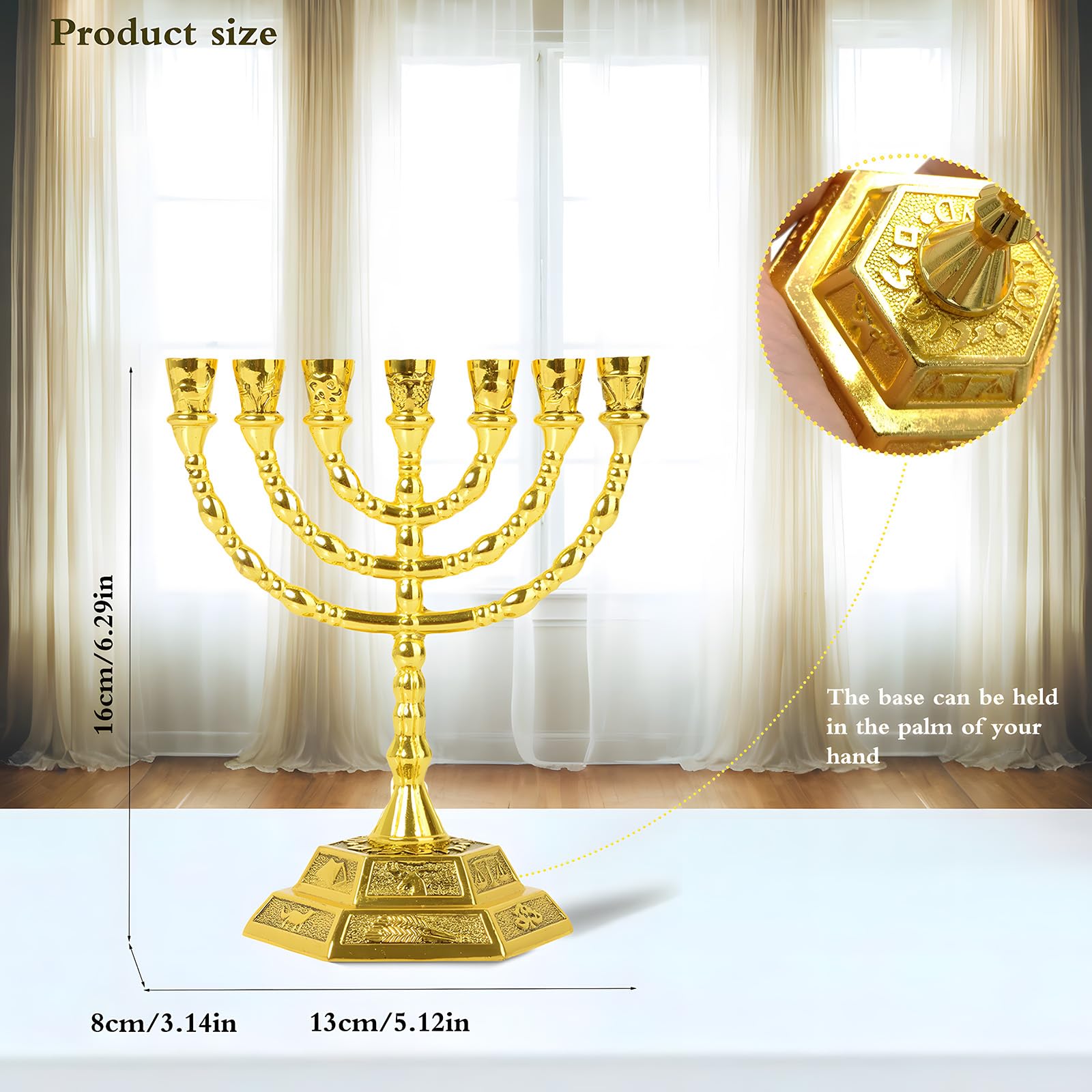 Hanukkah Menorah Candle Holder 7-Branch, Candle Stand Jerusalem Candlestick Centerpiece for Jewish Holiday Party Decor Golden, Home Decor Ornaments Table Centerpiece Display