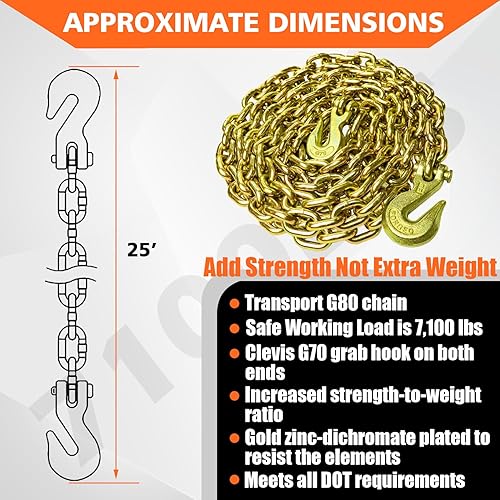 Miniatura 6 de YATOINTO G80 - Cadena de transporte de 38 pulgadas x 25 pies de seguridadcarpeta con ganchos de agarre de horquilla 7,100 libras, cadena de registro
