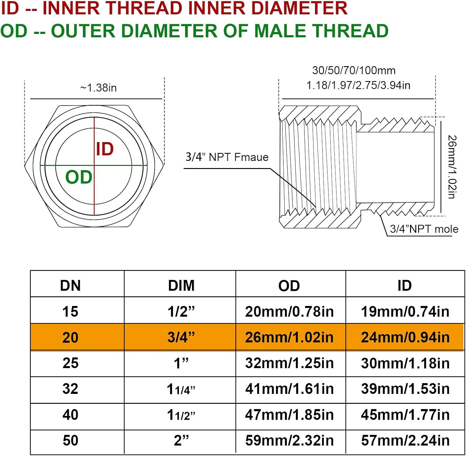Extension Brass Fittings 3/4" Male Threaded Pipe Hex Bushing Adapter Converter Adapter, Female to 3/4" Copper Pipe Extension Connector Fittings Female Length 100mm (3pcs)
