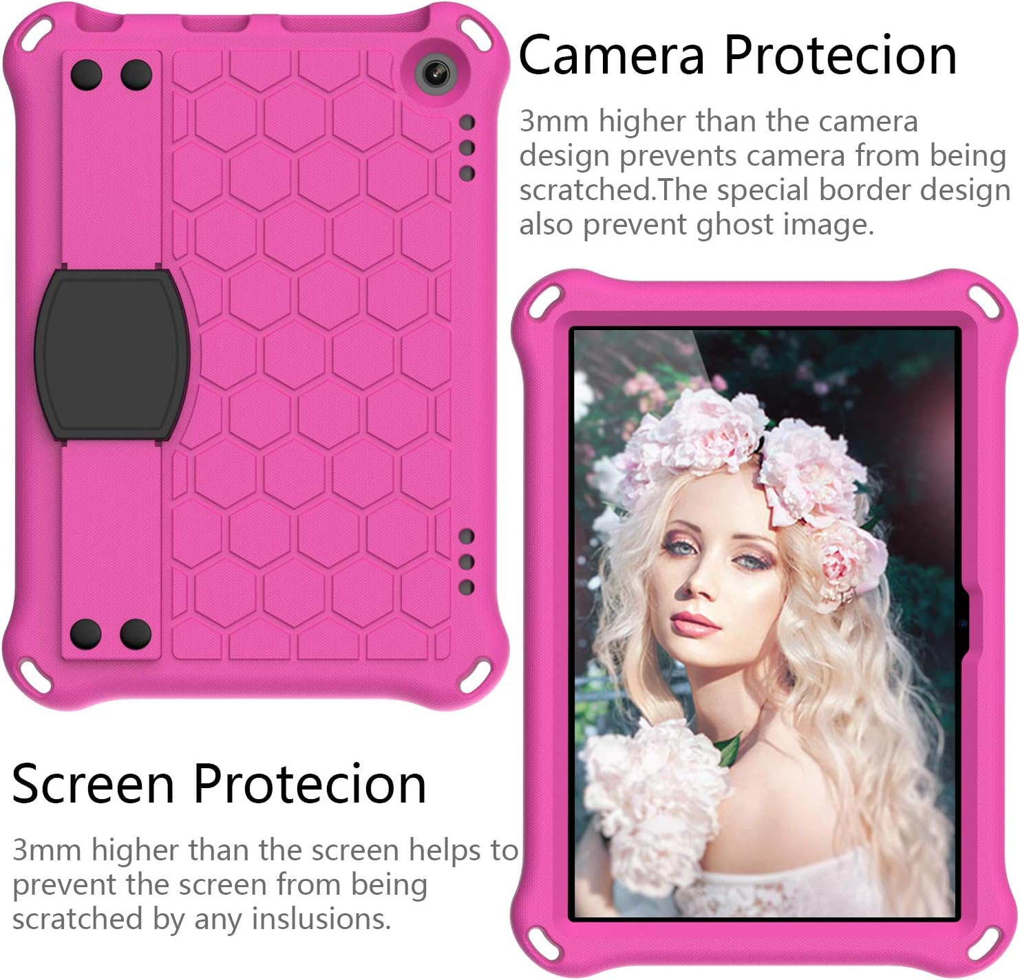 Bumper Case for Fire HD 8"/Plus 10th Gen (2020 Only), Techcircle Shockproof Hand Belt Stand Cover Kids EVA Foam Honeycomb Protective Case with Shoulder Strap Handle Light Cover, Rose