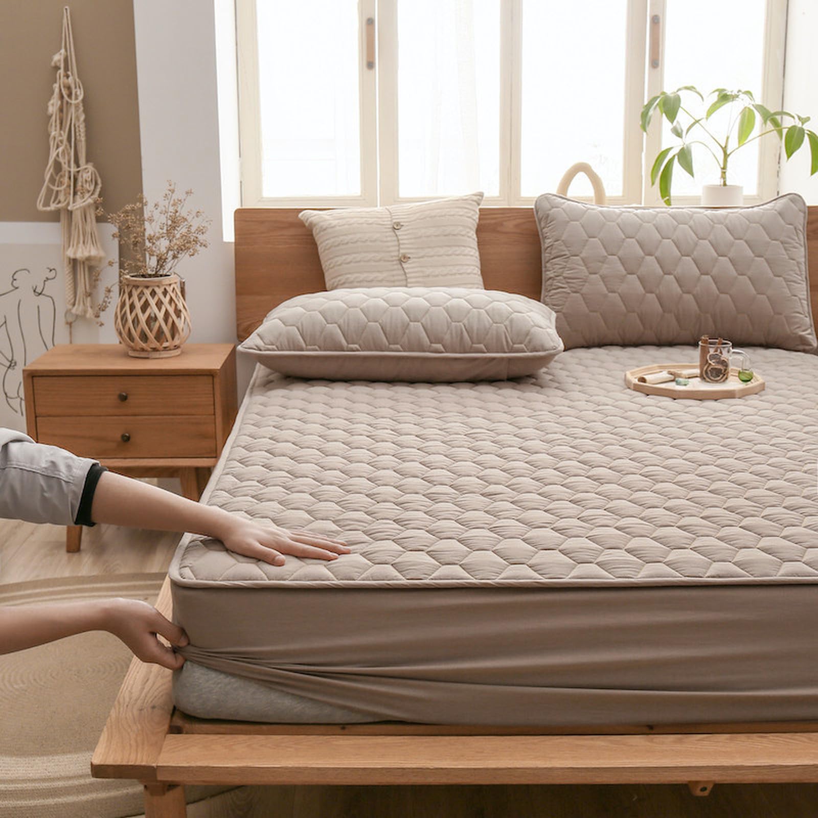 KLUOT Waterproof Fitted Sheets 150 x 200 + 30 cm/3pcs Double fitted sheet Extra Deep Bedsheet Fully Elasticated Deep 30 cm Fitted Skirt and Soft Touch Quiet Machine Washable khaki