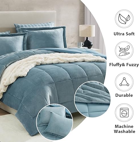 Miniatura 5 de Juego de cama de lujo en una bolsa, tamaño matrimonial, juego de ropa de cama de franela de felpa de 7 piezas de color azul claro, edredones de